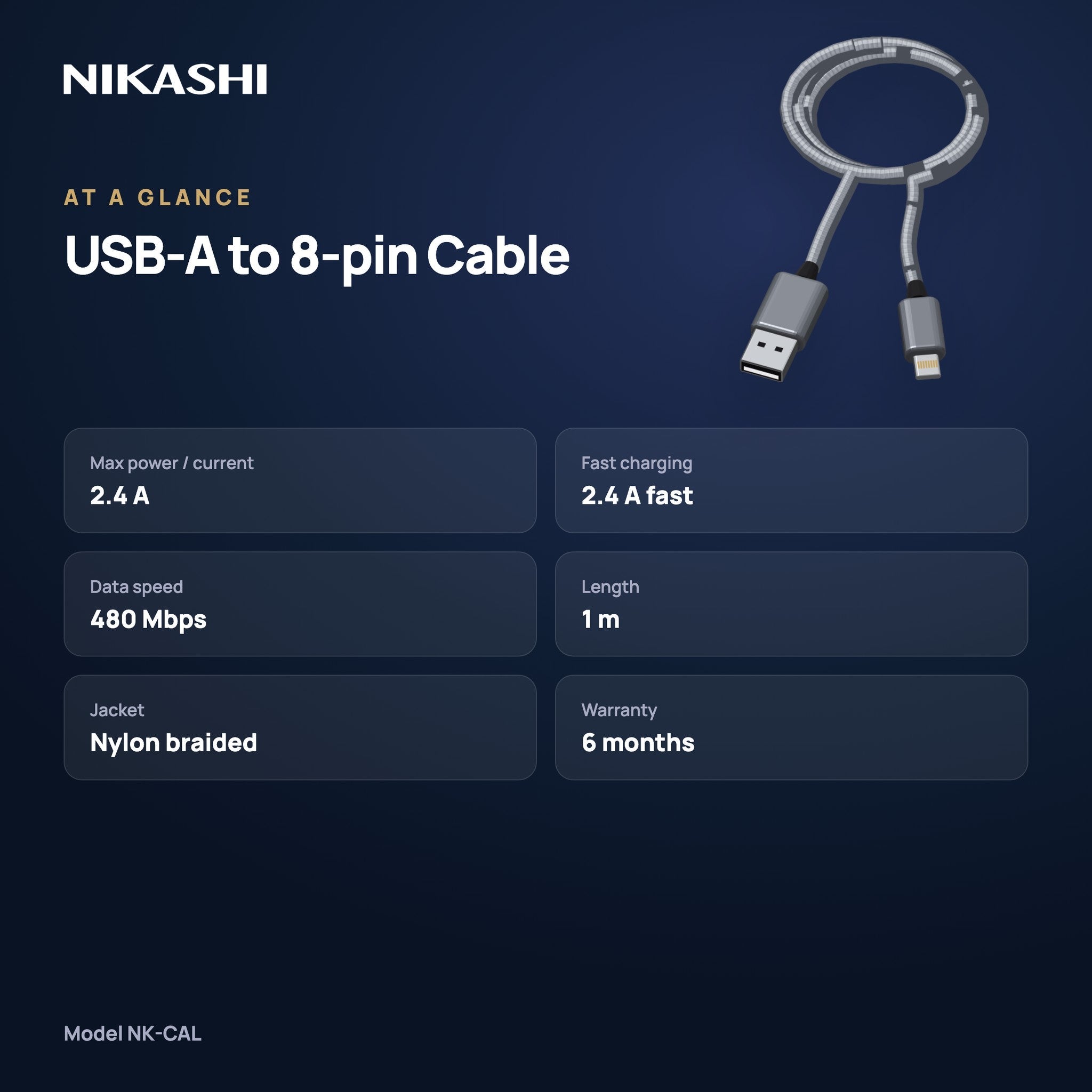 Nikashi USB-A to 8-pin Braided Charging Cable (NK-CAL) at a glance