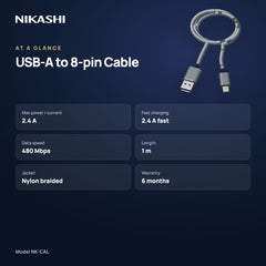 Nikashi USB-A to 8-pin Braided Charging Cable (NK-CAL) at a glance