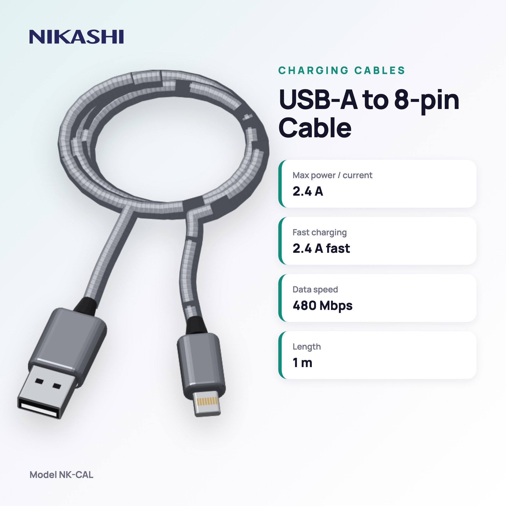 Nikashi USB-A to 8-pin Braided Charging Cable (NK-CAL) key specifications