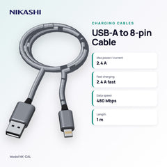 Nikashi USB-A to 8-pin Braided Charging Cable (NK-CAL) key specifications