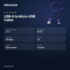 Nikashi USB-A to Micro-USB Braided Charging Cable (NK-CAM) at a glance
