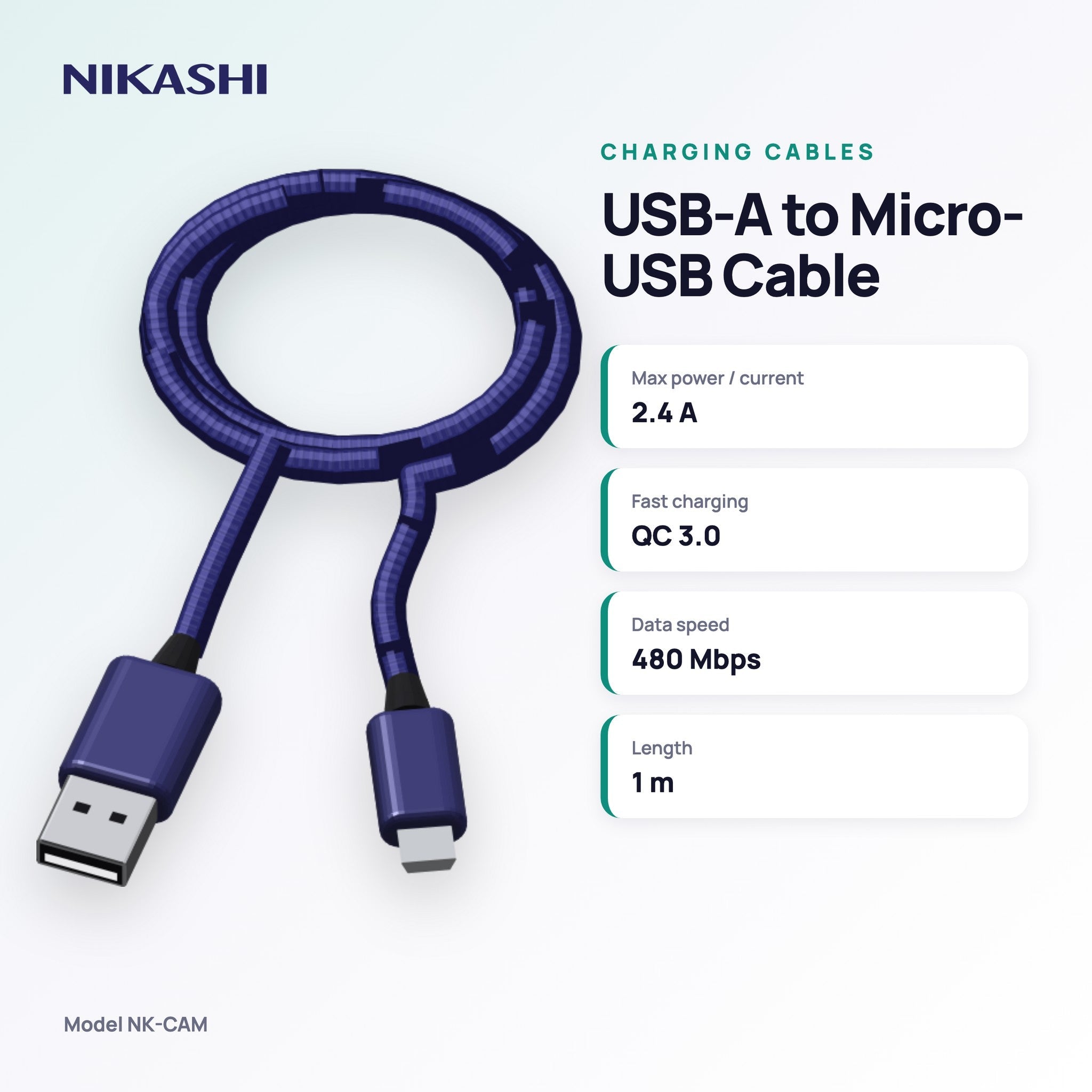 Nikashi USB-A to Micro-USB Braided Charging Cable (NK-CAM) key specifications