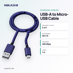 Nikashi USB-A to Micro-USB Braided Charging Cable (NK-CAM) key specifications