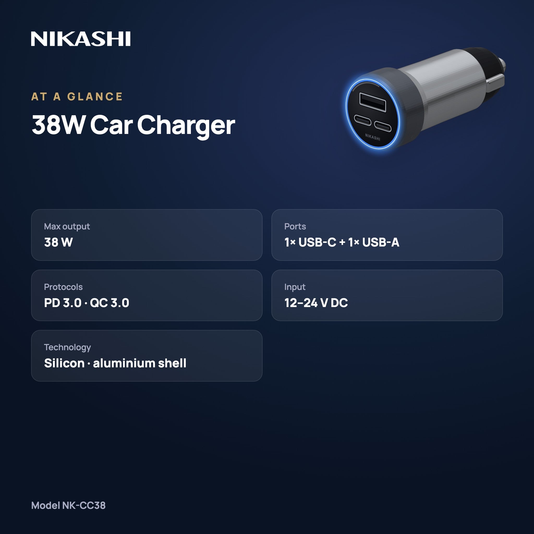 Nikashi 38W Dual-Port Car Charger (NK-CC38) at a glance