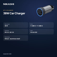 Nikashi 38W Dual-Port Car Charger (NK-CC38) at a glance