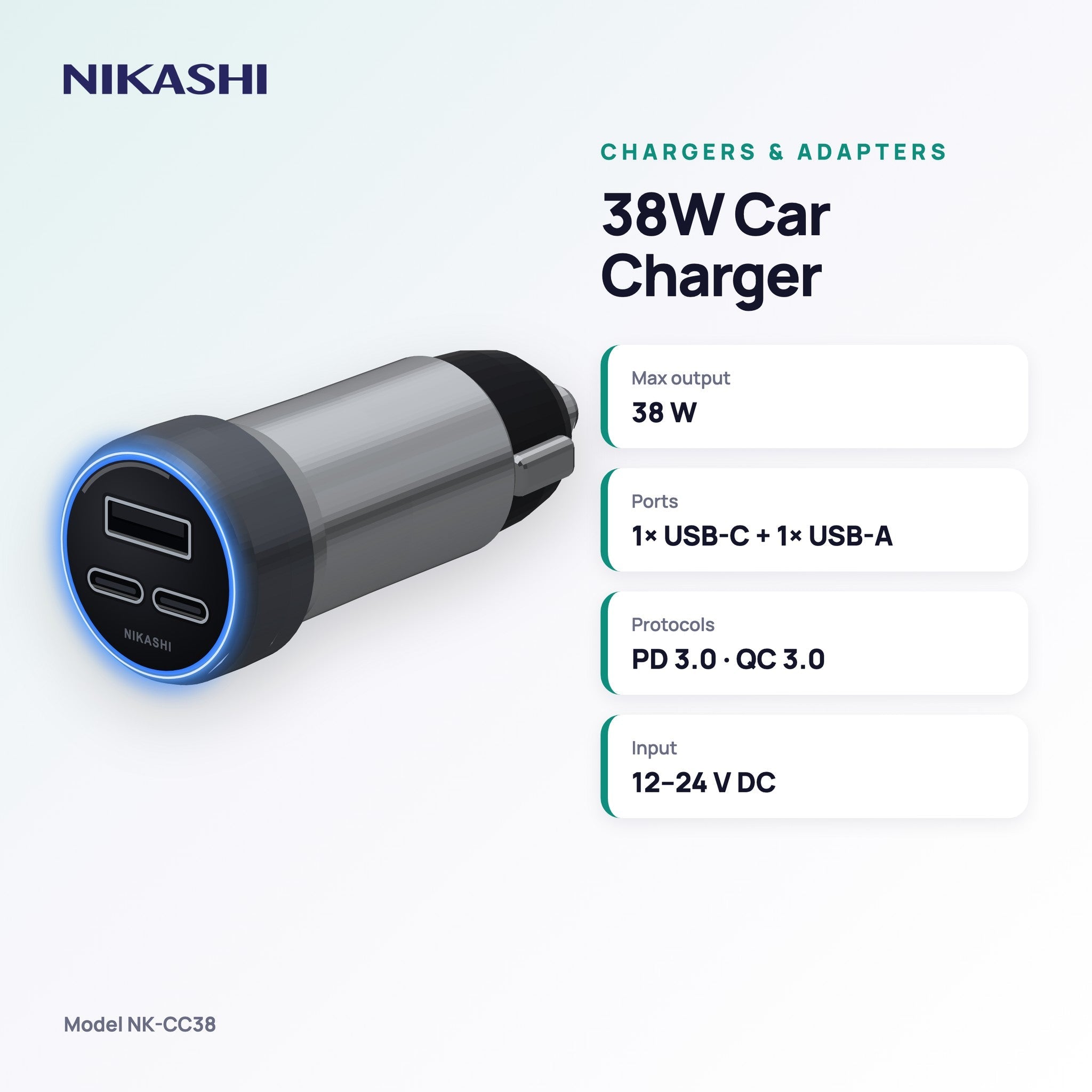 Nikashi 38W Dual-Port Car Charger (NK-CC38) key specifications