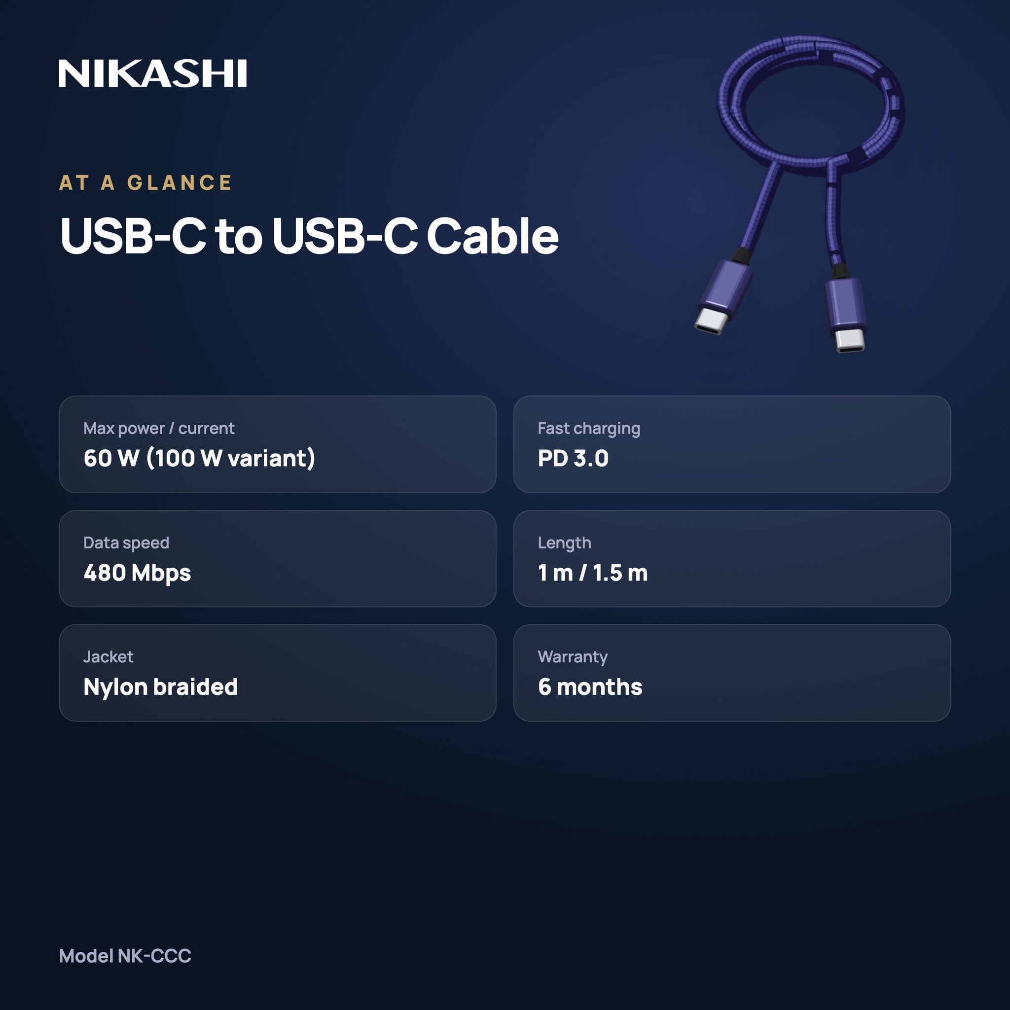Nikashi USB-C to USB-C Braided Fast Charging Cable (NK-CCC) at a glance