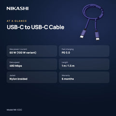 Nikashi USB-C to USB-C Braided Fast Charging Cable (NK-CCC) at a glance