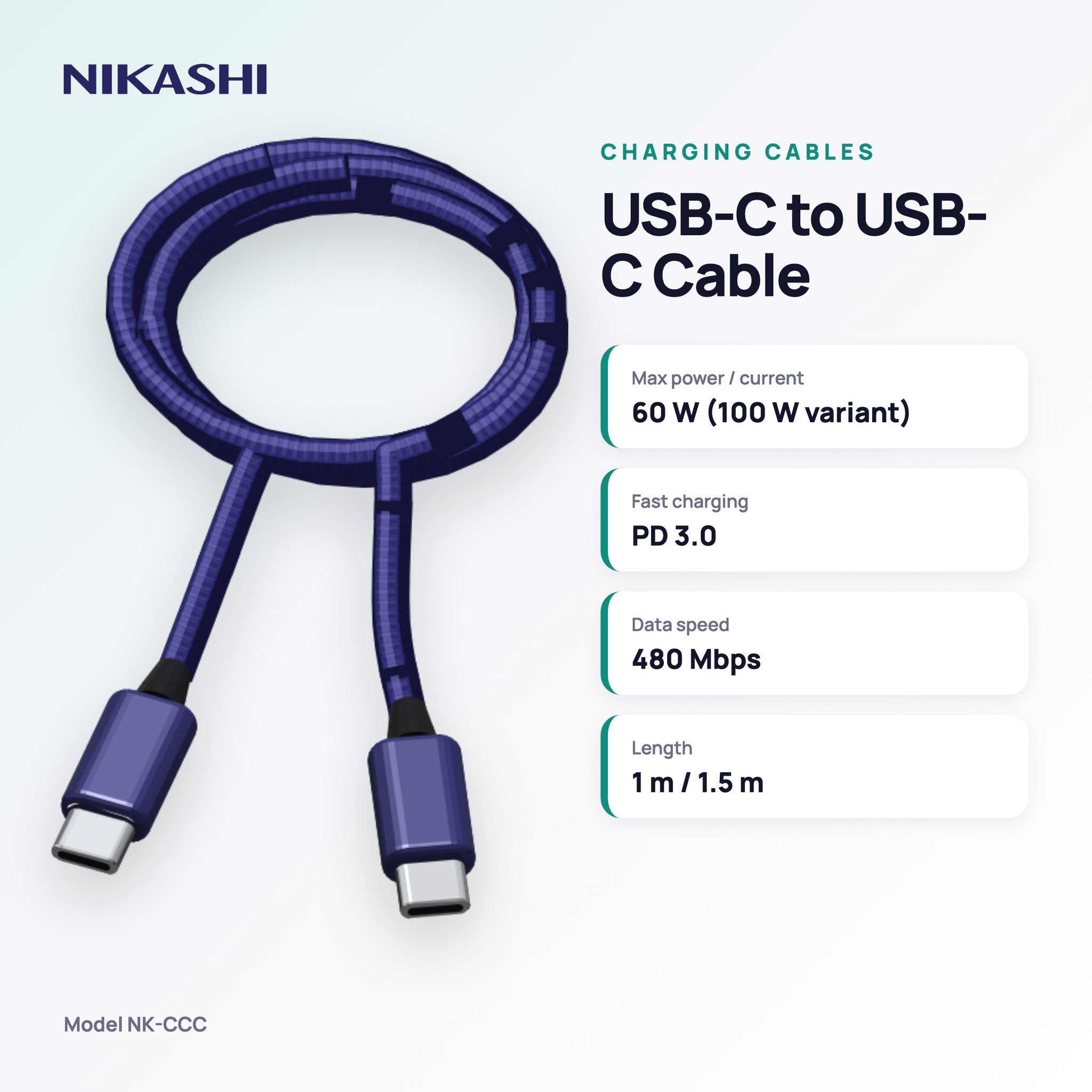 Nikashi USB-C to USB-C Braided Fast Charging Cable (NK-CCC) key specifications