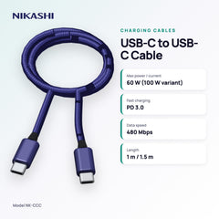 Nikashi USB-C to USB-C Braided Fast Charging Cable (NK-CCC) key specifications