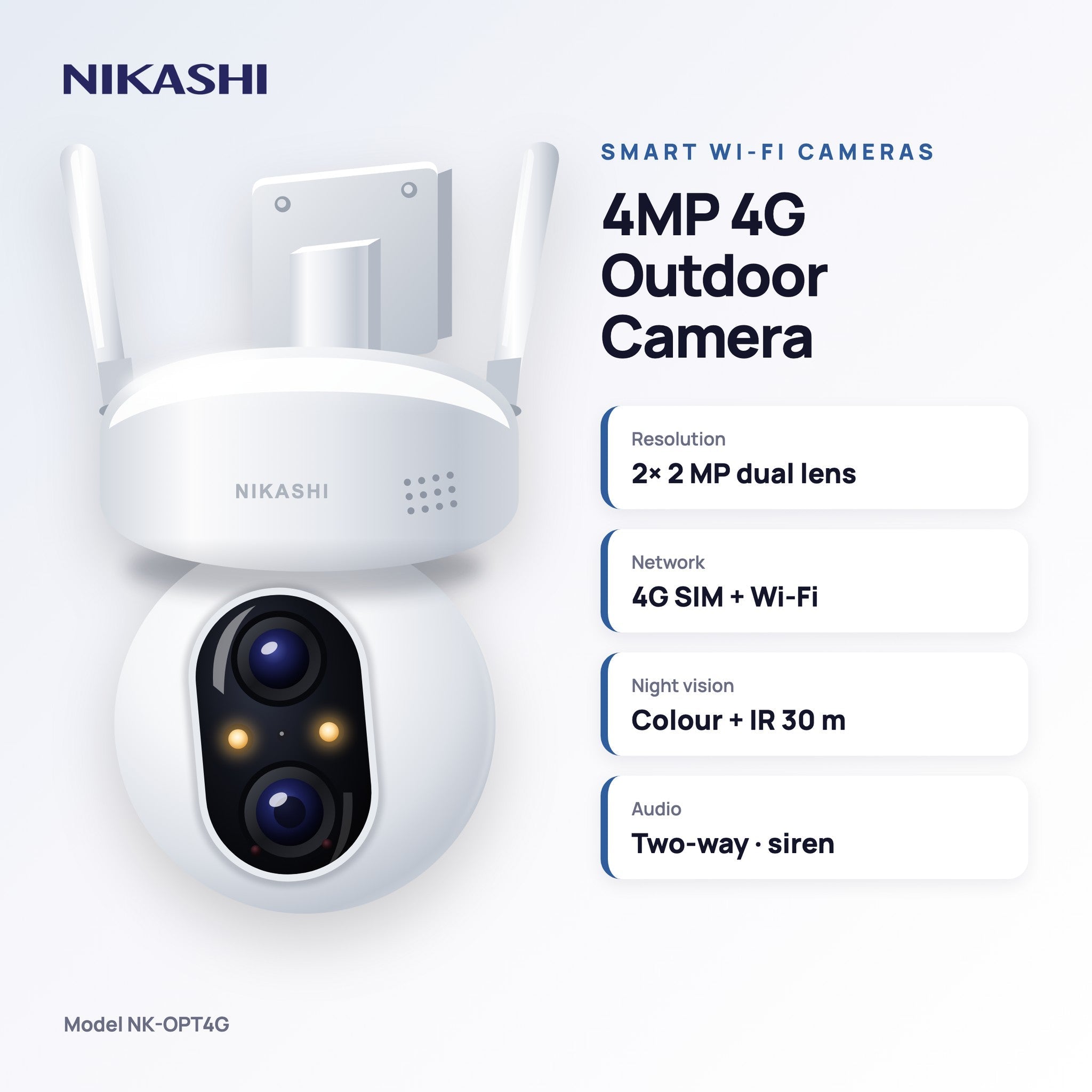 Nikashi 4MP Dual-Lens 4G Outdoor Security Camera (NK-OPT4G) key specifications