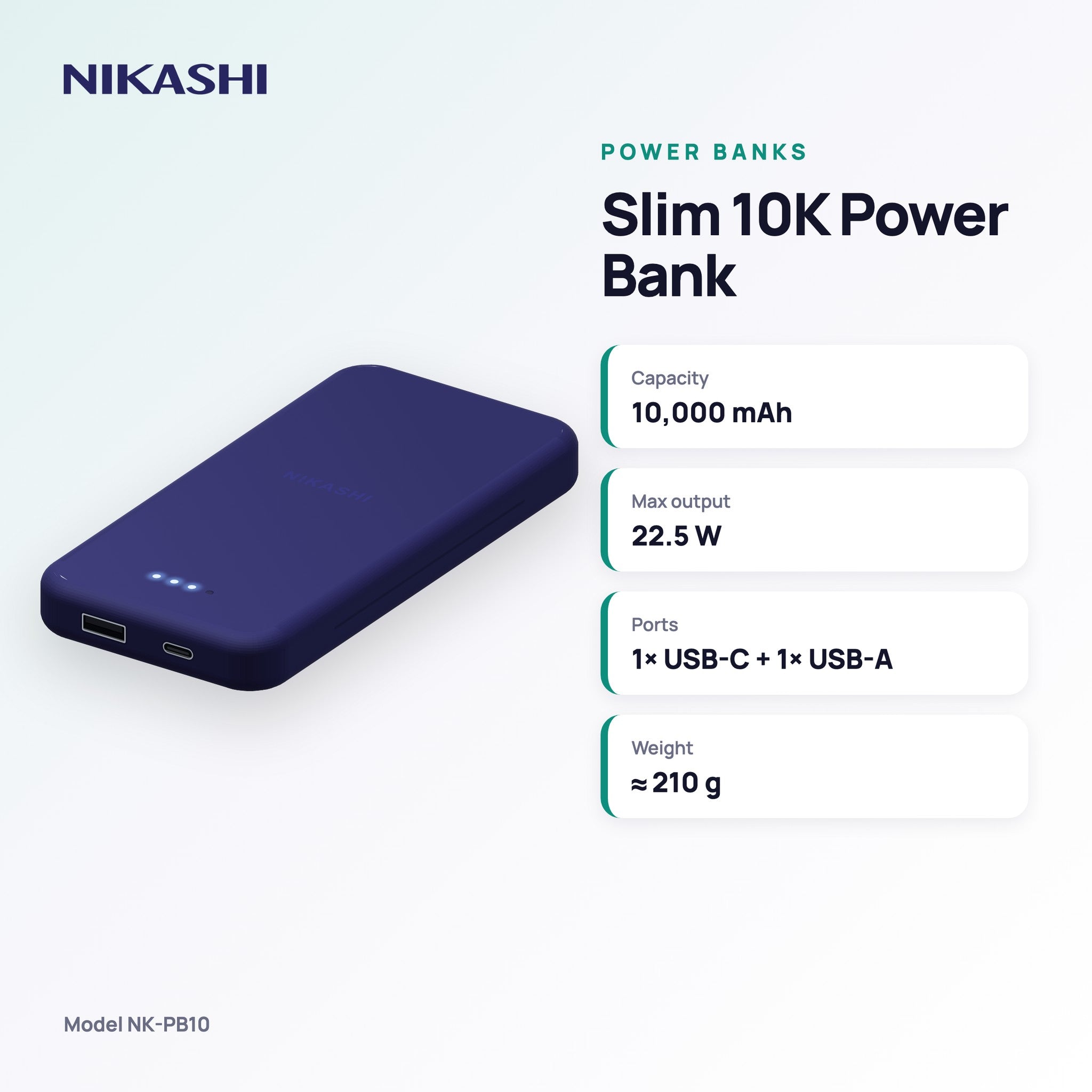 Nikashi Slim 10,000 mAh 22.5W Fast Charging Power Bank (NK-PB10) key specifications