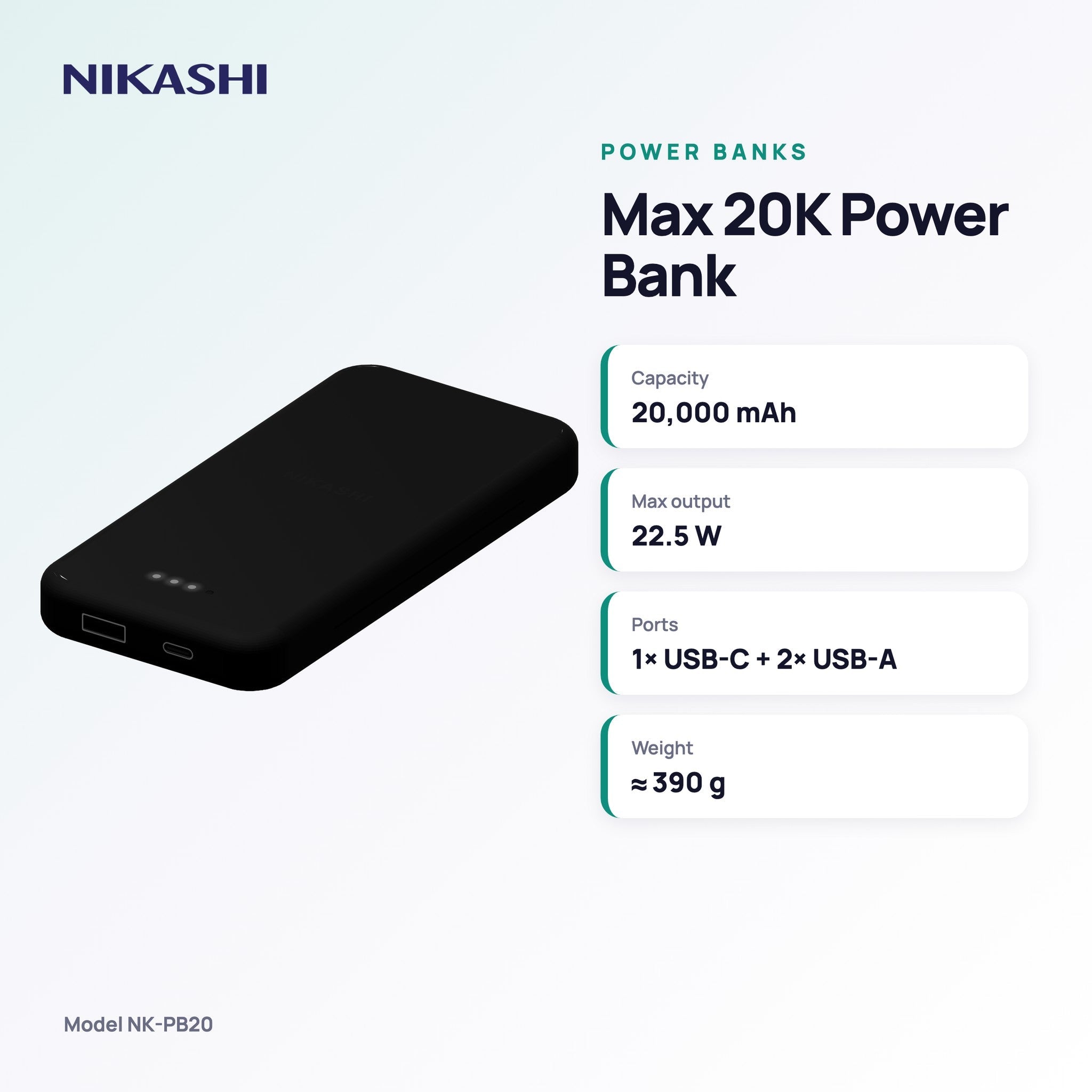 Nikashi Max 20,000 mAh 22.5W Fast Charging Power Bank (NK-PB20) key specifications