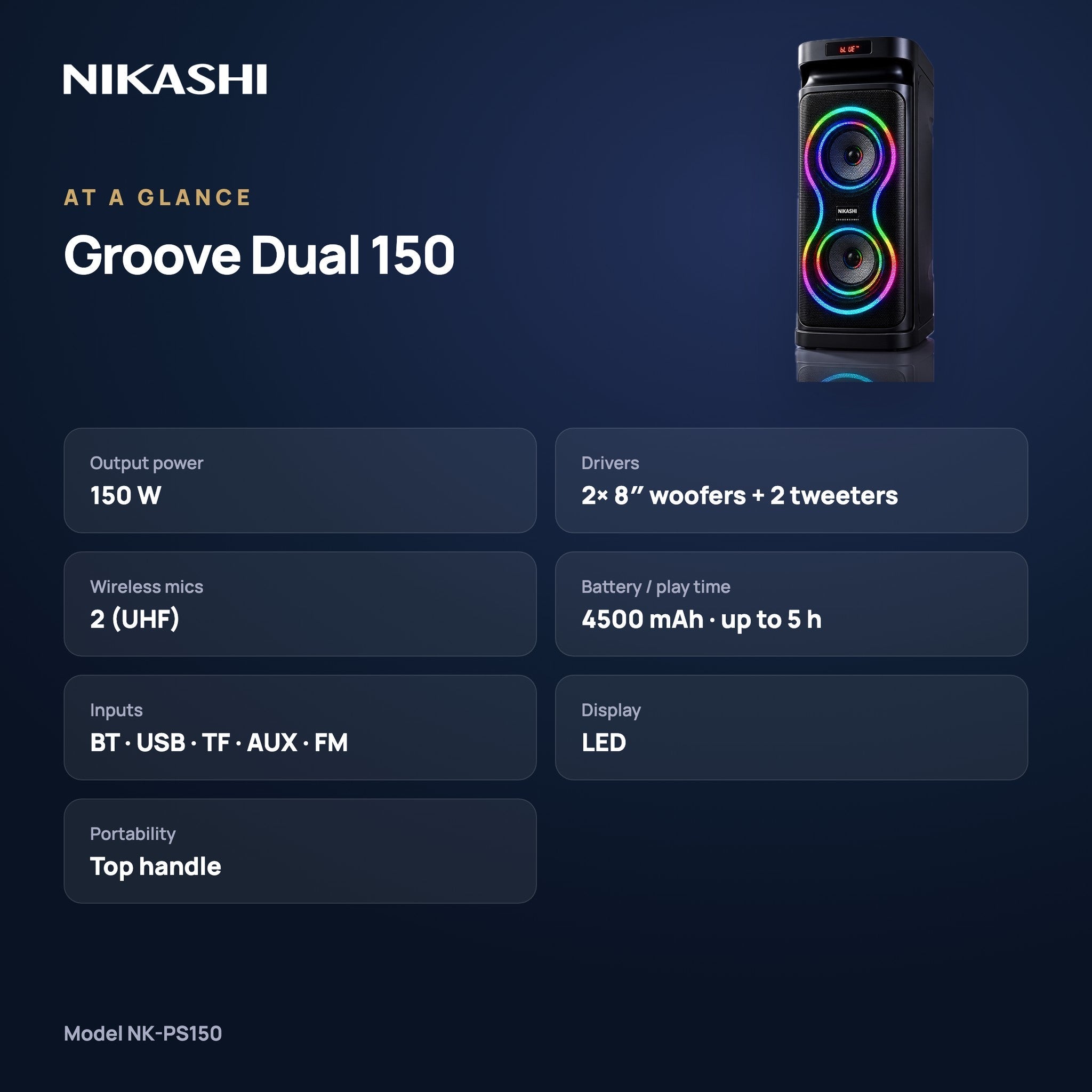 Nikashi Groove Dual 150 Party Speaker with 2 Wireless Mics (NK-PS150) at a glance