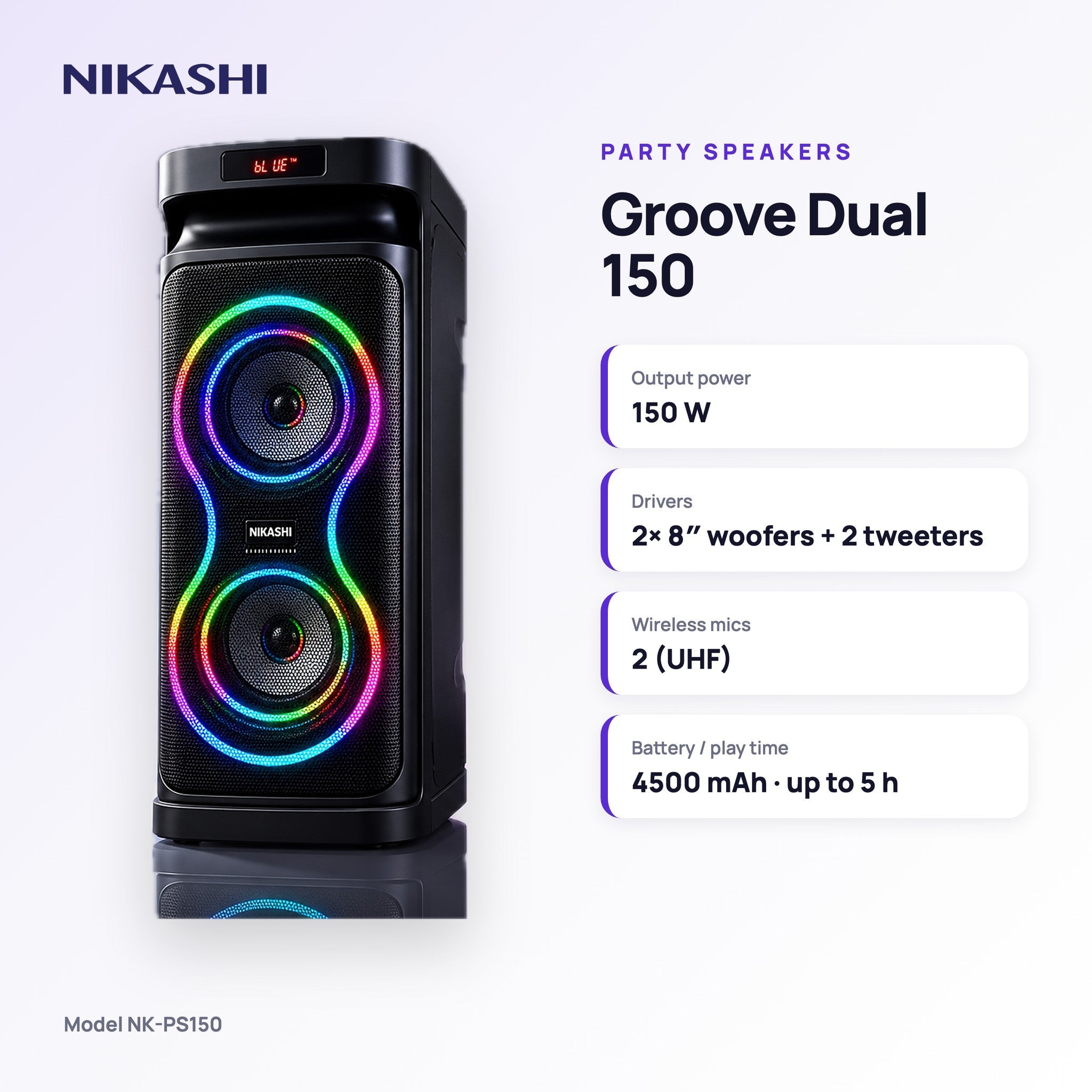 Nikashi Groove Dual 150 Party Speaker with 2 Wireless Mics (NK-PS150) key specifications