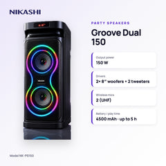 Nikashi Groove Dual 150 Party Speaker with 2 Wireless Mics (NK-PS150) key specifications