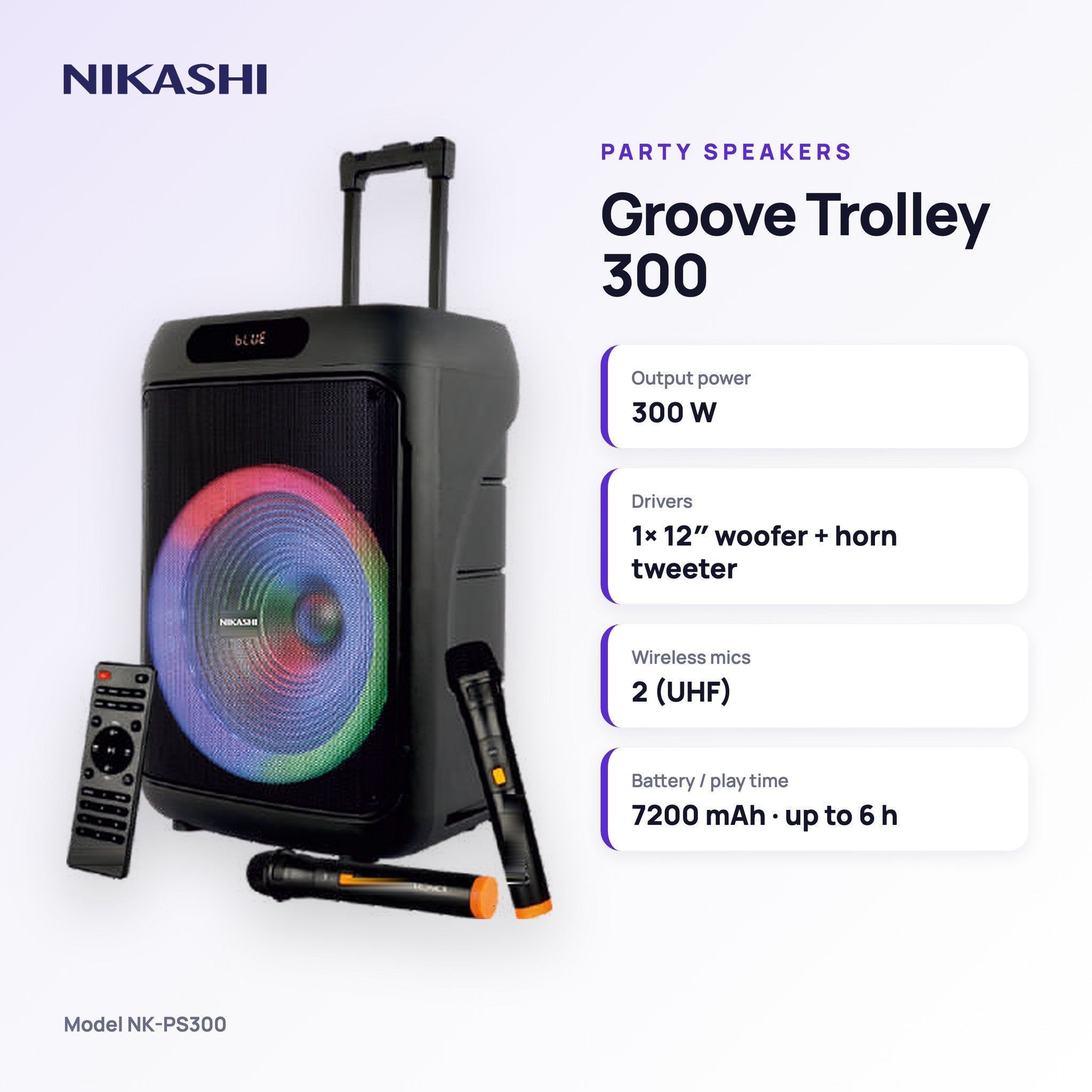 Nikashi Groove Trolley 300 Party Speaker with 2 Wireless Mics (NK-PS300) key specifications