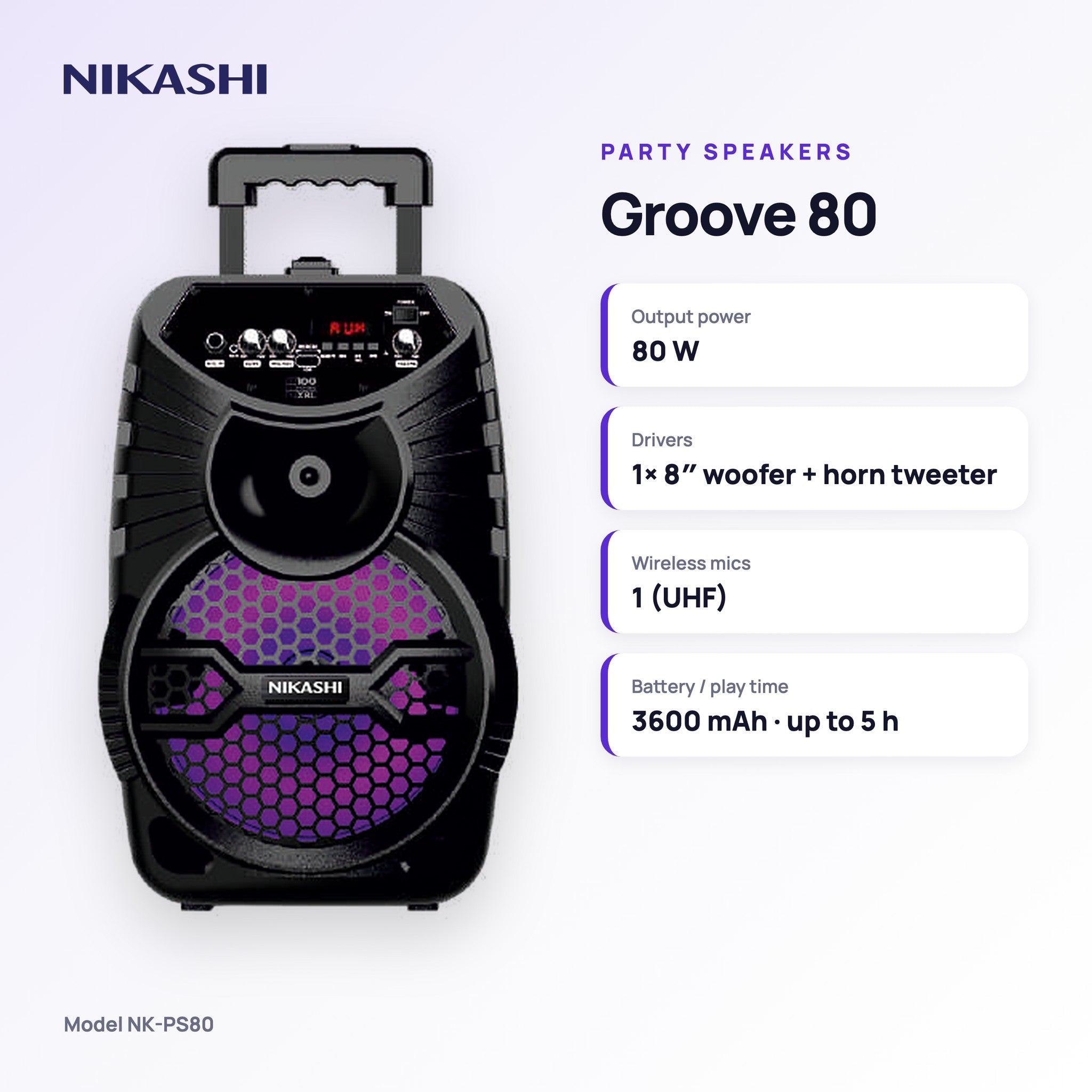 Nikashi Groove 80 Party Speaker with Wireless Mic (NK-PS80) key specifications