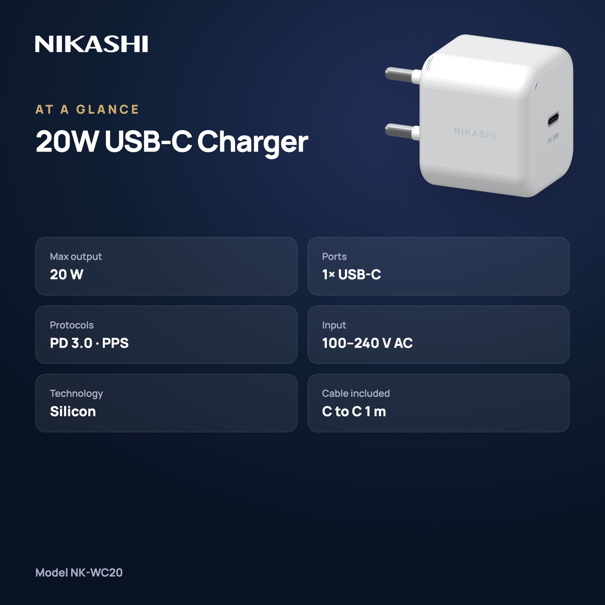 Nikashi 20W USB-C Fast Charger (NK-WC20) at a glance