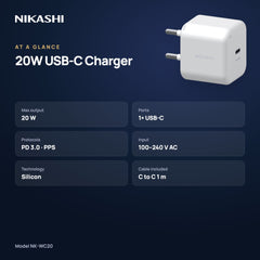 Nikashi 20W USB-C Fast Charger (NK-WC20) at a glance