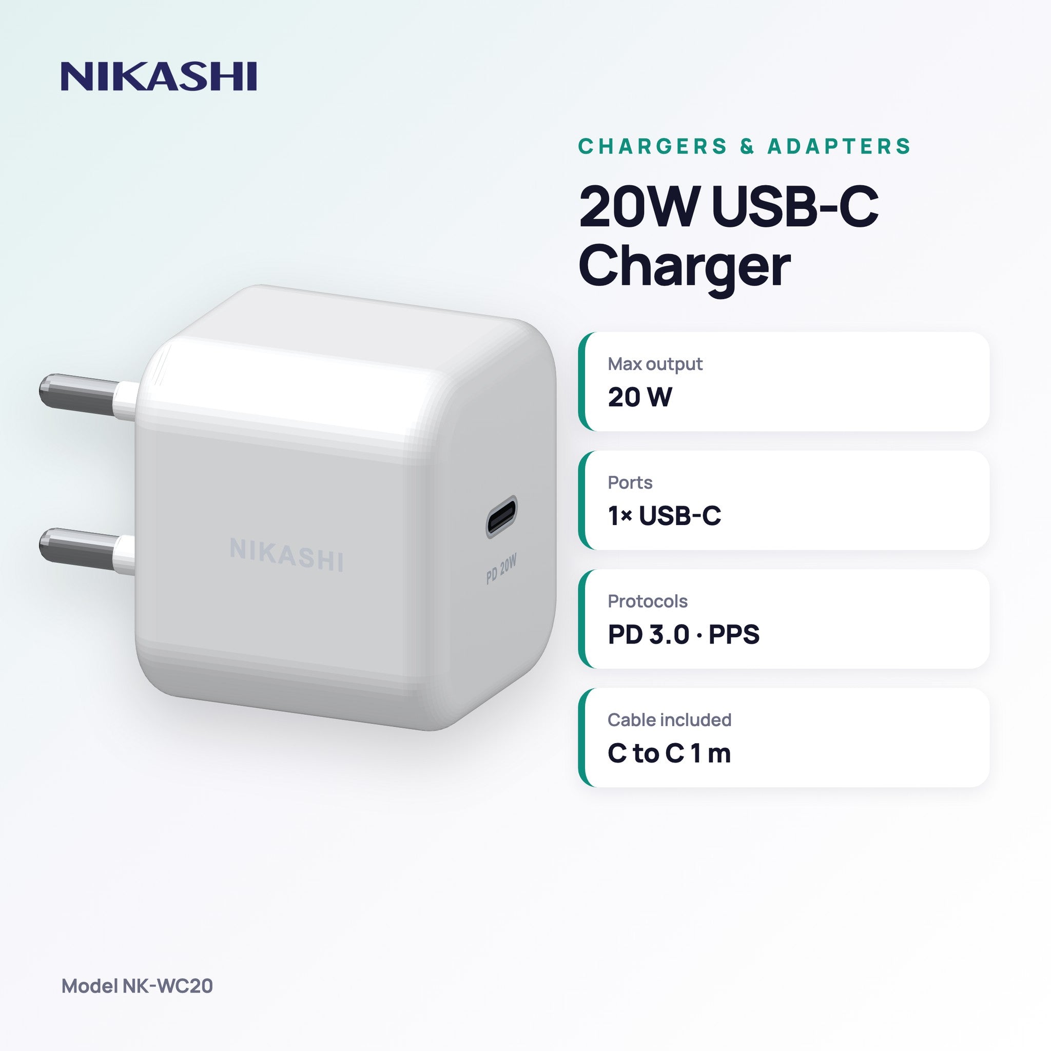 Nikashi 20W USB-C Fast Charger (NK-WC20) key specifications