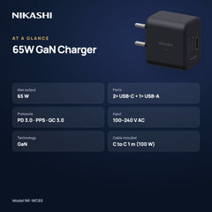 Nikashi 65W GaN 3-Port Fast Charger (NK-WC65) at a glance