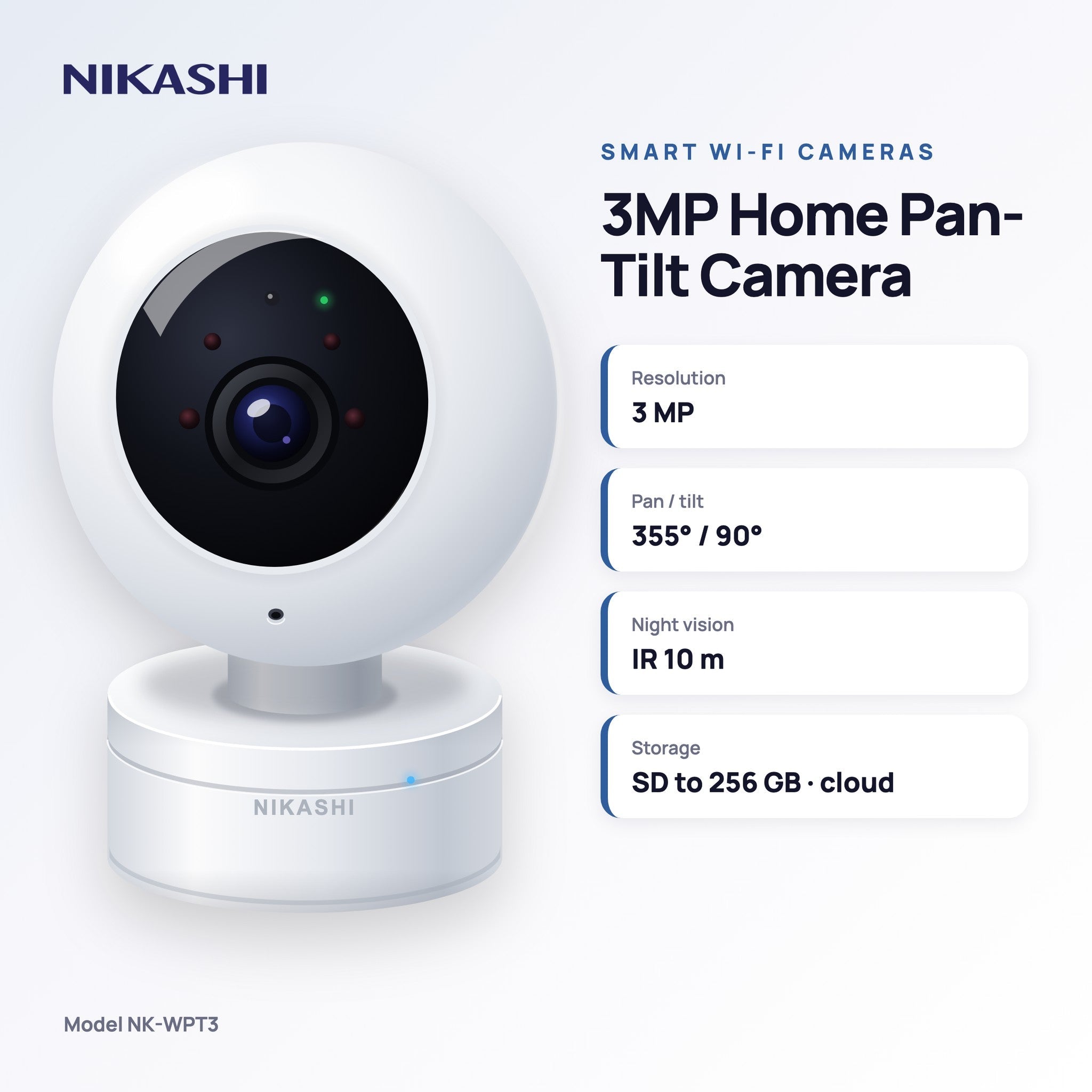 Nikashi 3MP Wi-Fi Pan-Tilt Home Security Camera (NK-WPT3) key specifications