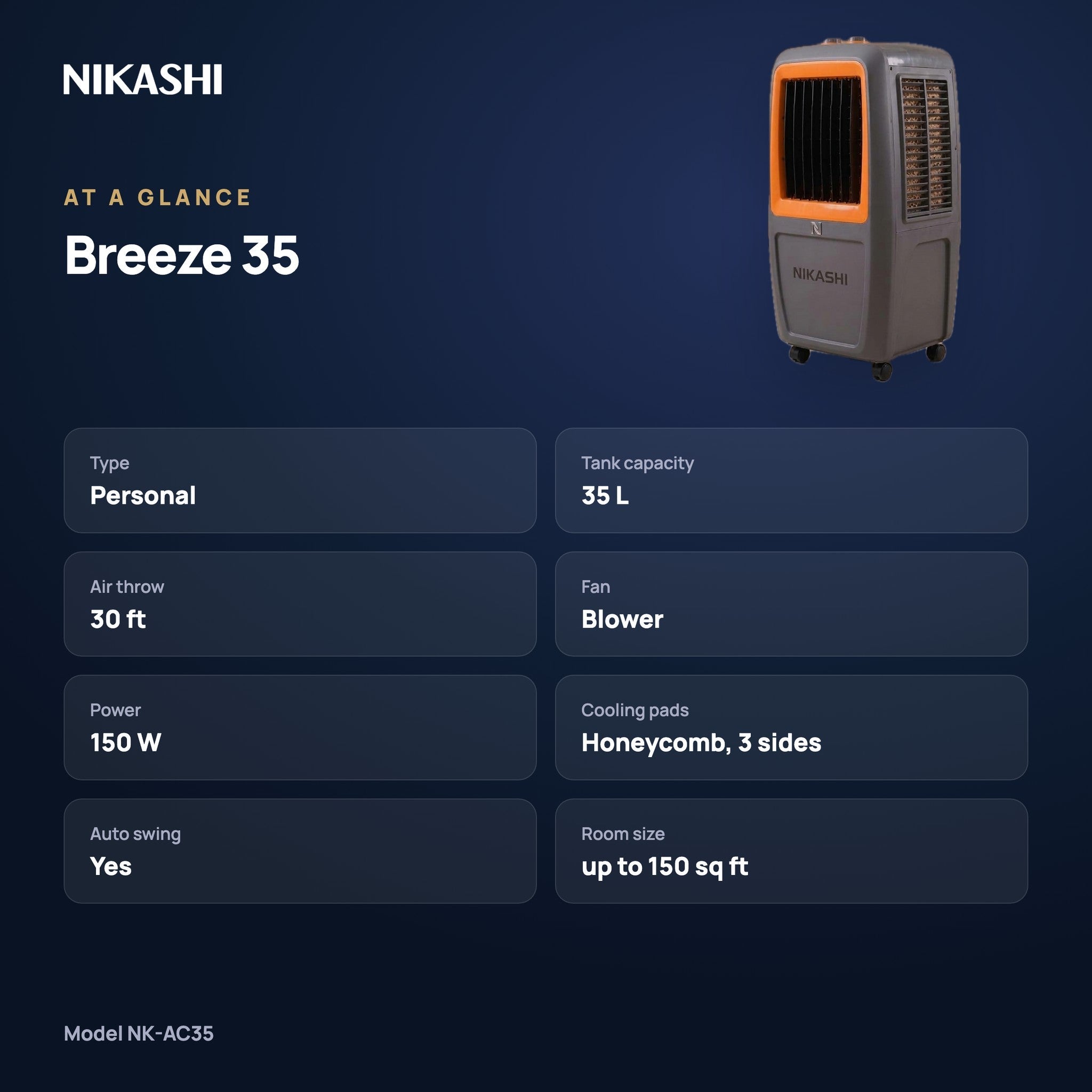 Nikashi Breeze 35 Air Cooler (NK-AC35) at a glance