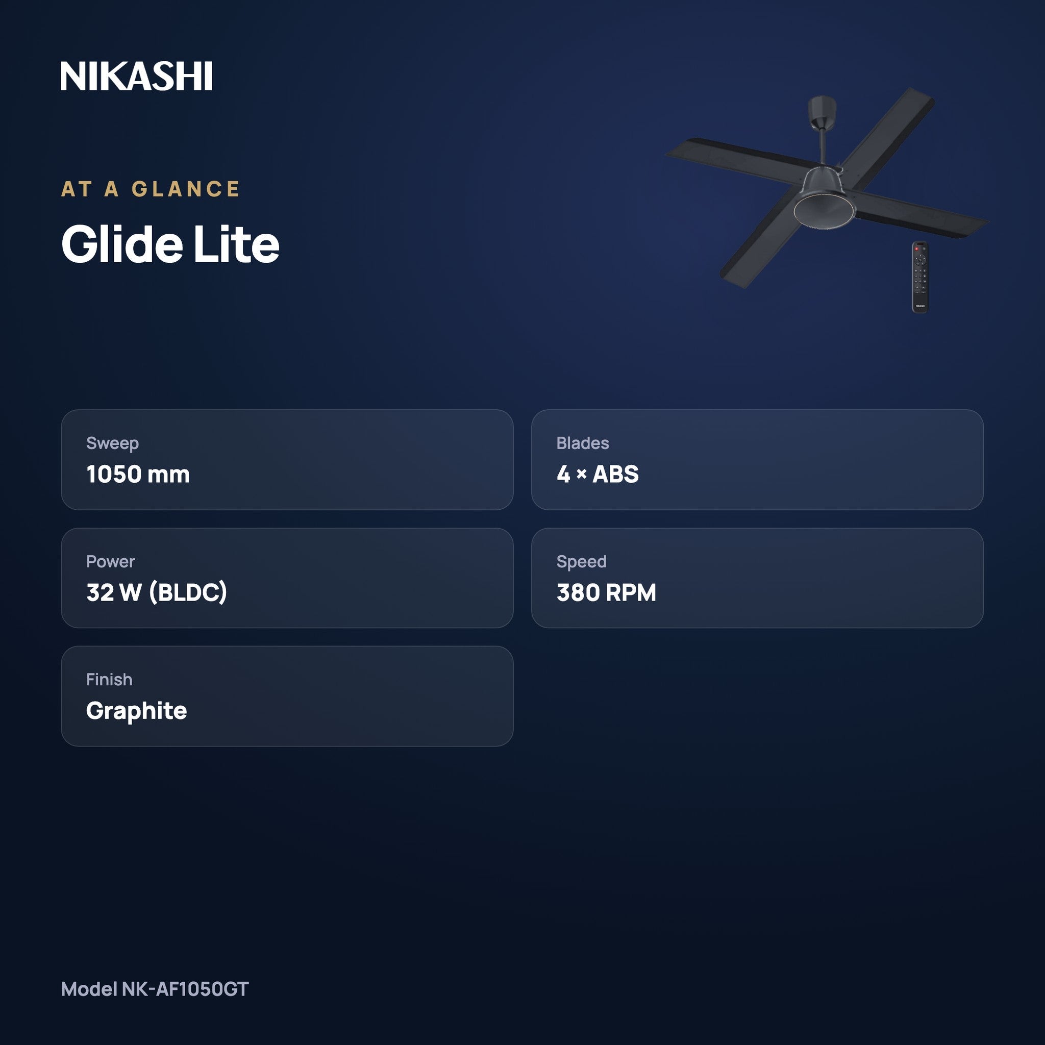 Nikashi Glide Lite ABS Ceiling Fan with Remote (NK-AF1050GT) at a glance
