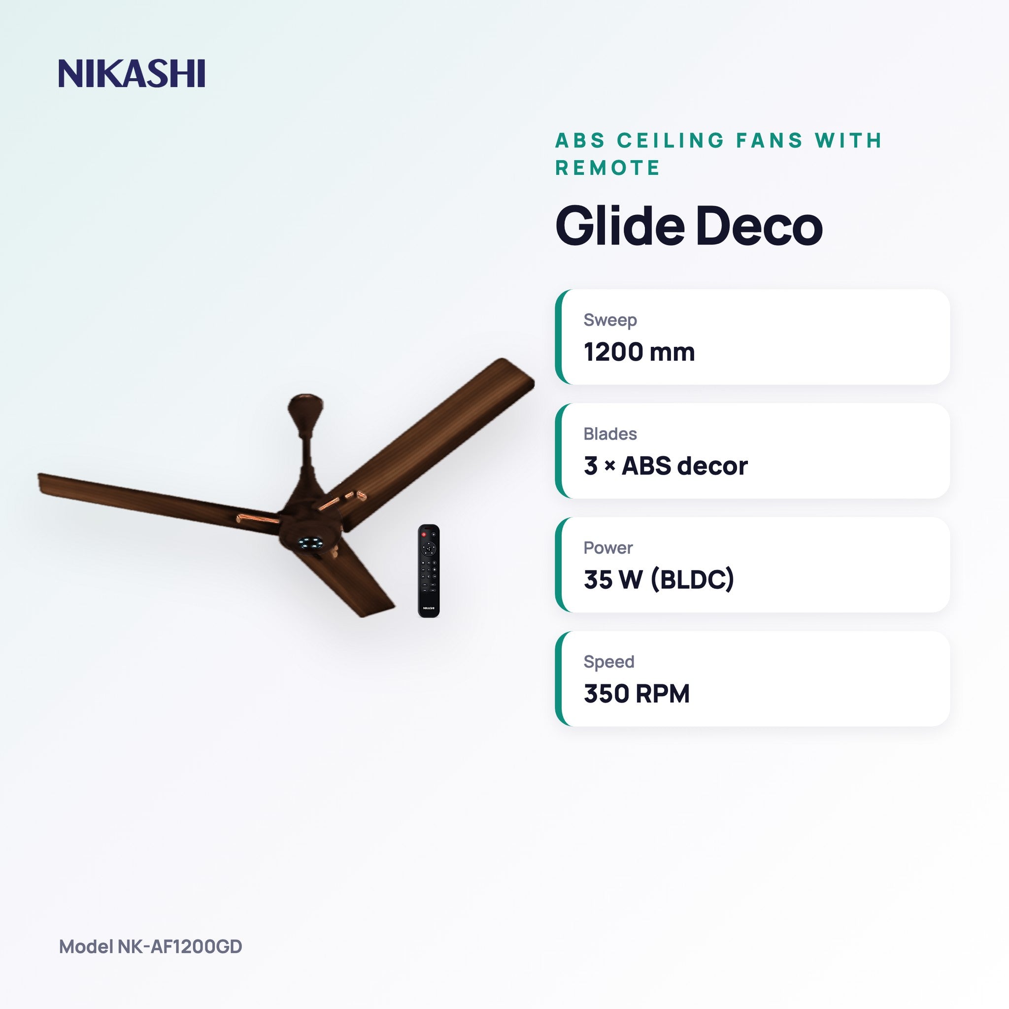 Nikashi Glide Deco ABS Ceiling Fan with Remote (NK-AF1200GD) key specifications