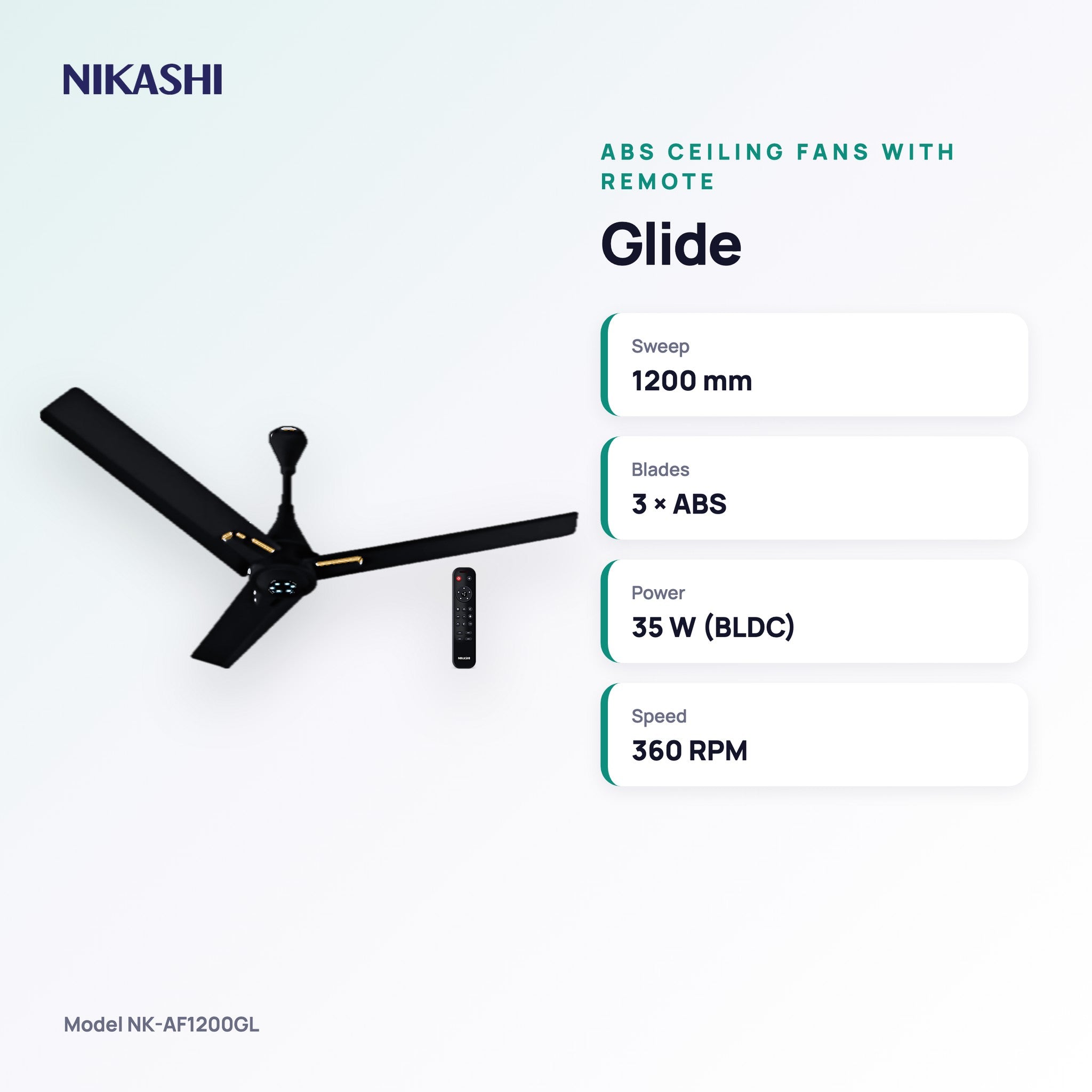 Nikashi Glide ABS Ceiling Fan with Remote (NK-AF1200GL) key specifications