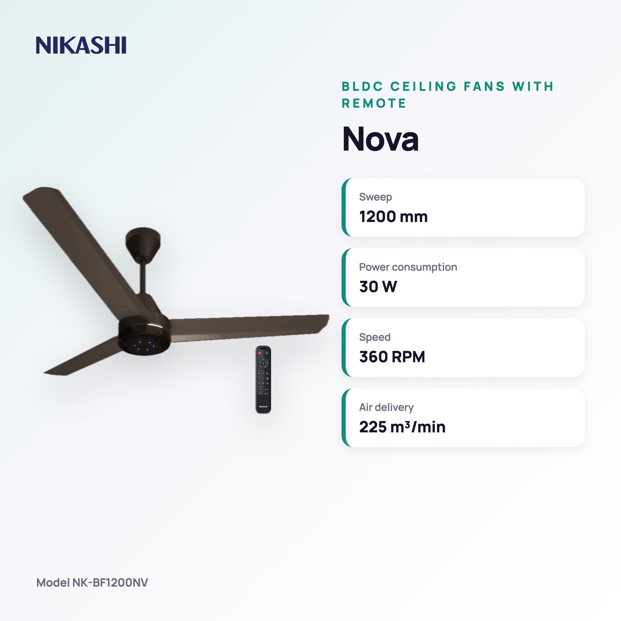 Nikashi Nova BLDC Ceiling Fan with Remote (NK-BF1200NV) key specifications