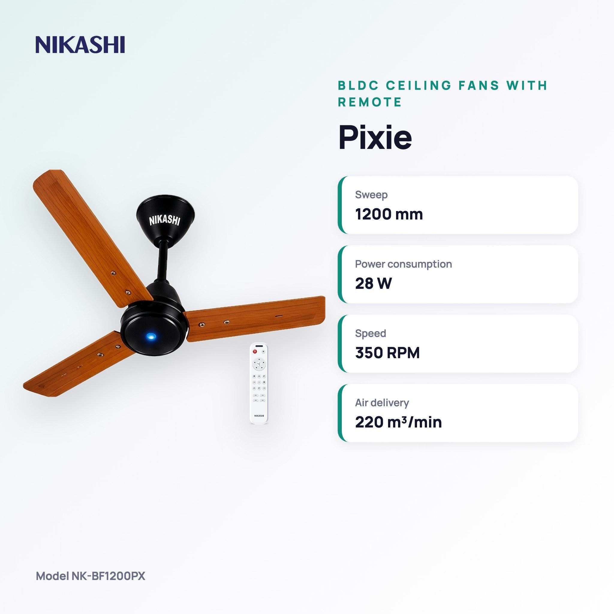 Nikashi Pixie BLDC Ceiling Fan with Remote (NK-BF1200PX) key specifications