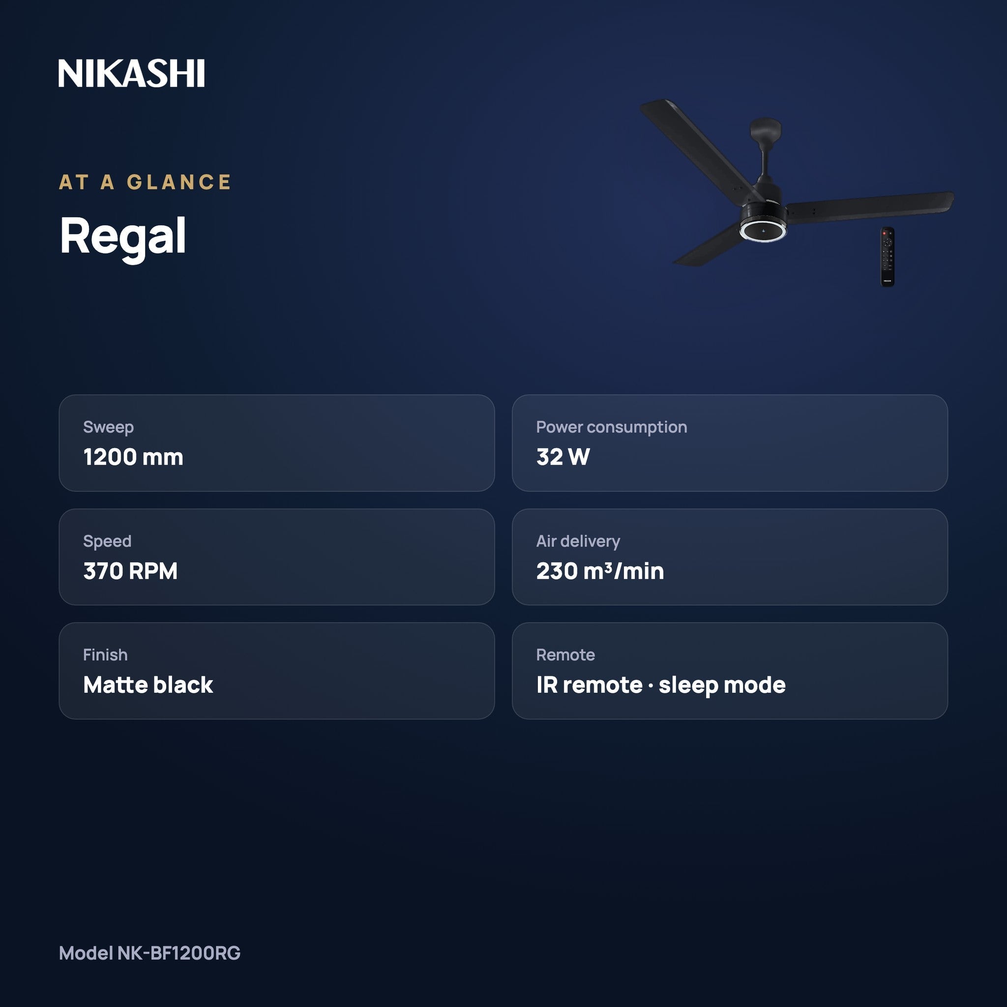 Nikashi Regal BLDC Ceiling Fan with Remote (NK-BF1200RG) at a glance