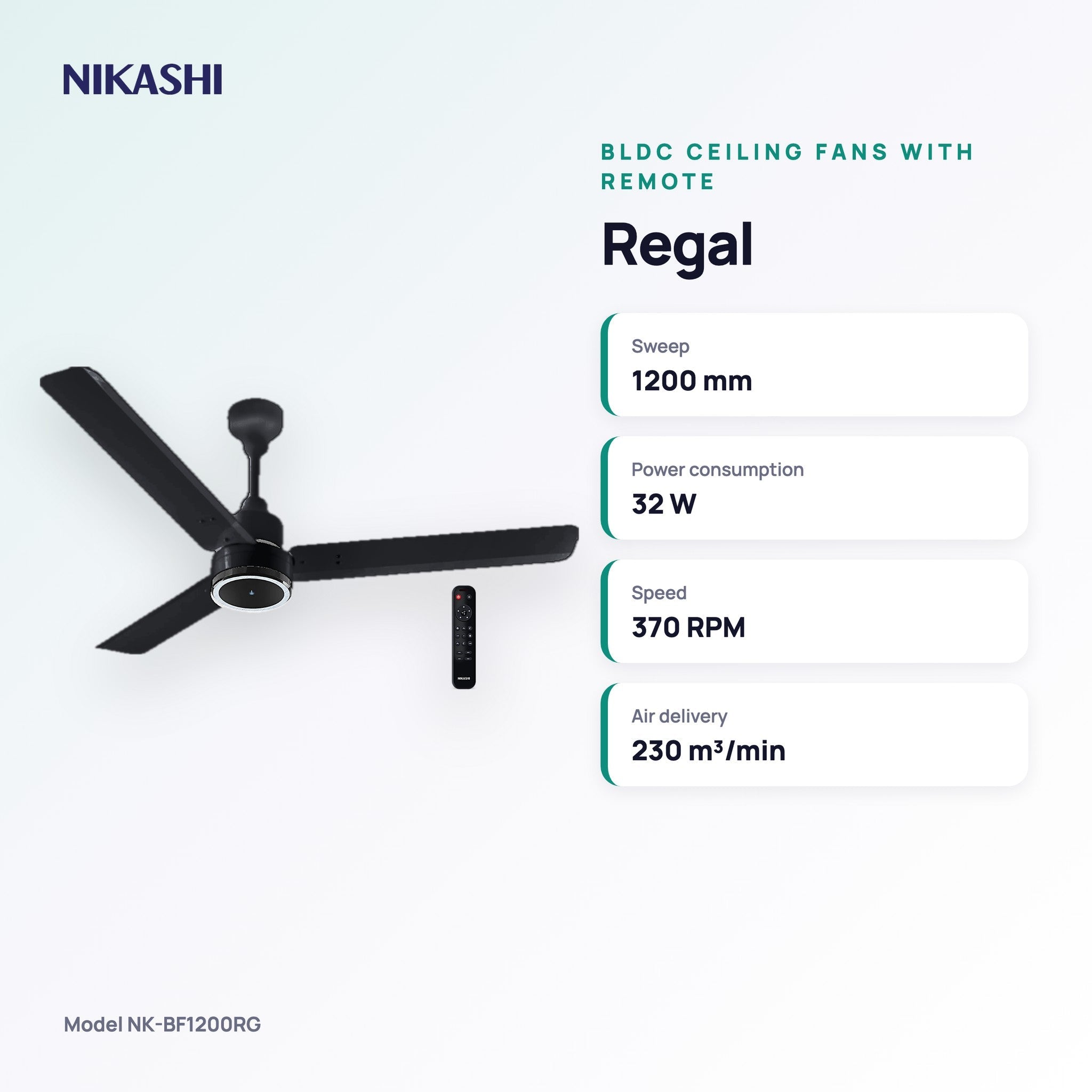 Nikashi Regal BLDC Ceiling Fan with Remote (NK-BF1200RG) key specifications