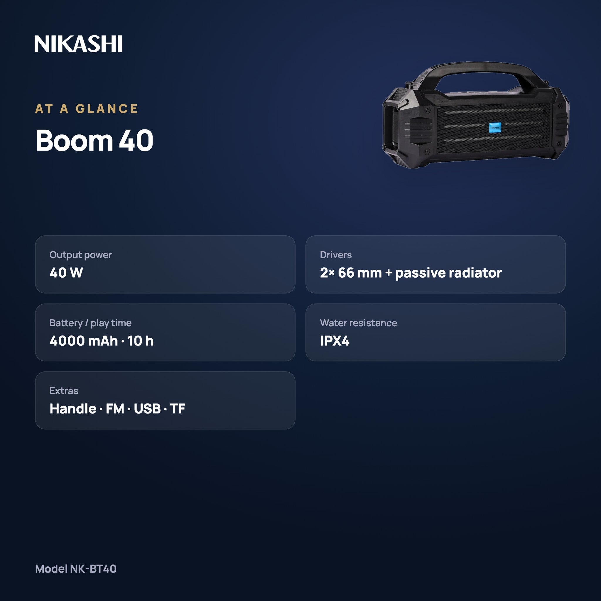 Nikashi Boom 40 Bluetooth Speaker (NK-BT40) at a glance