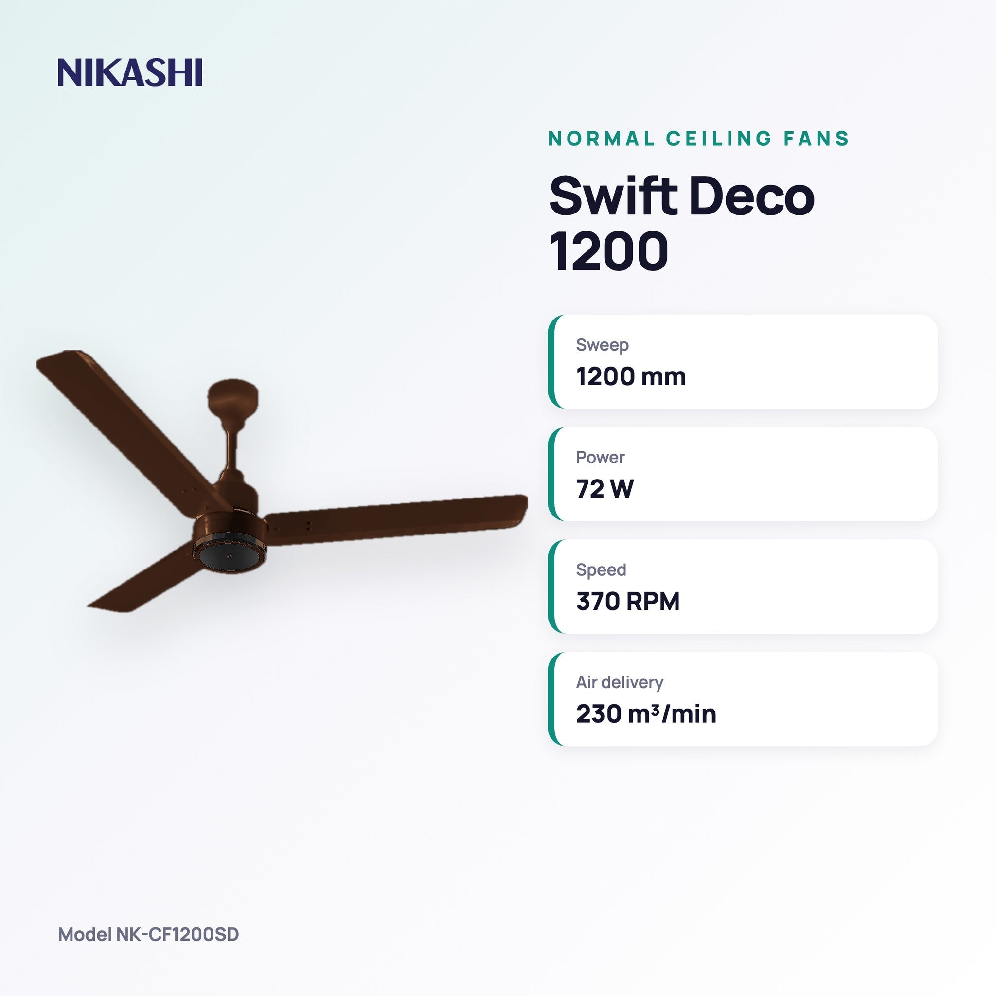 Nikashi Swift Deco 1200 Ceiling Fan (NK-CF1200SD) key specifications