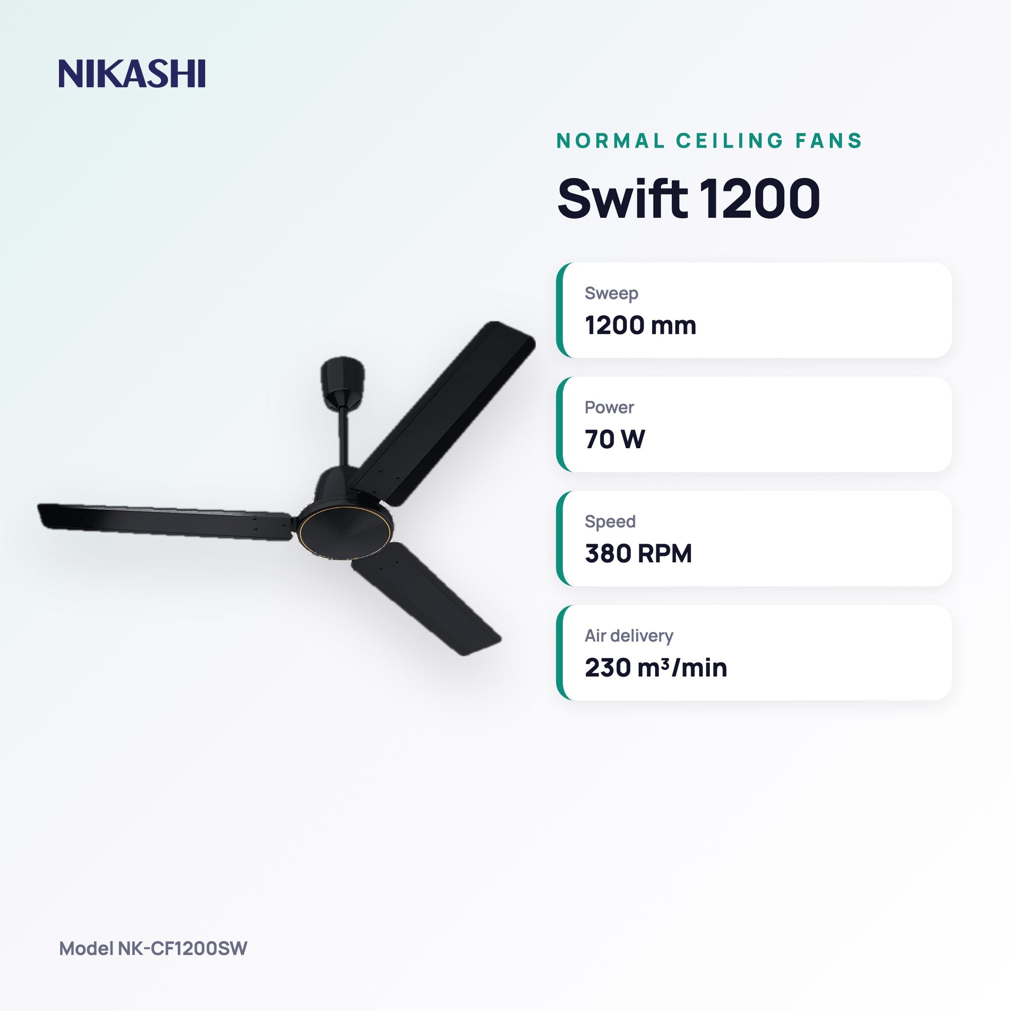 Nikashi Swift 1200 Ceiling Fan (NK-CF1200SW) key specifications