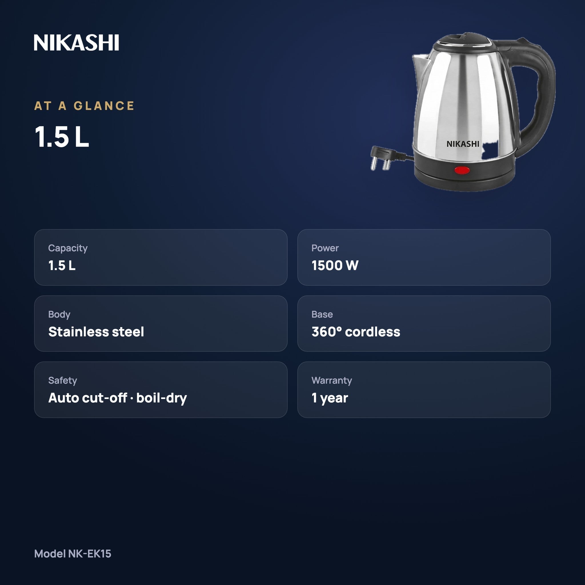 Nikashi 1.5 L Electric Kettle (NK-EK15) at a glance