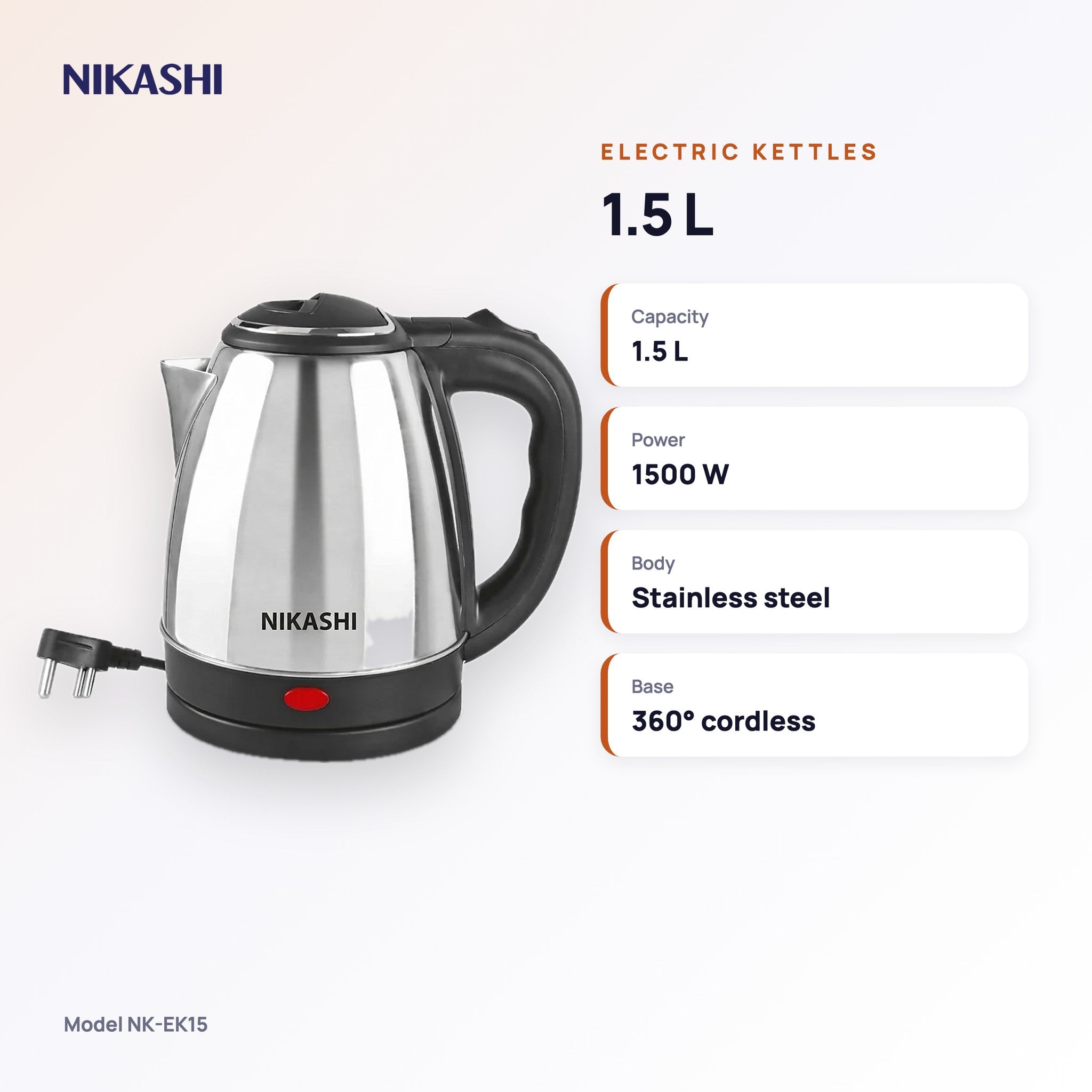Nikashi 1.5 L Electric Kettle (NK-EK15) key specifications