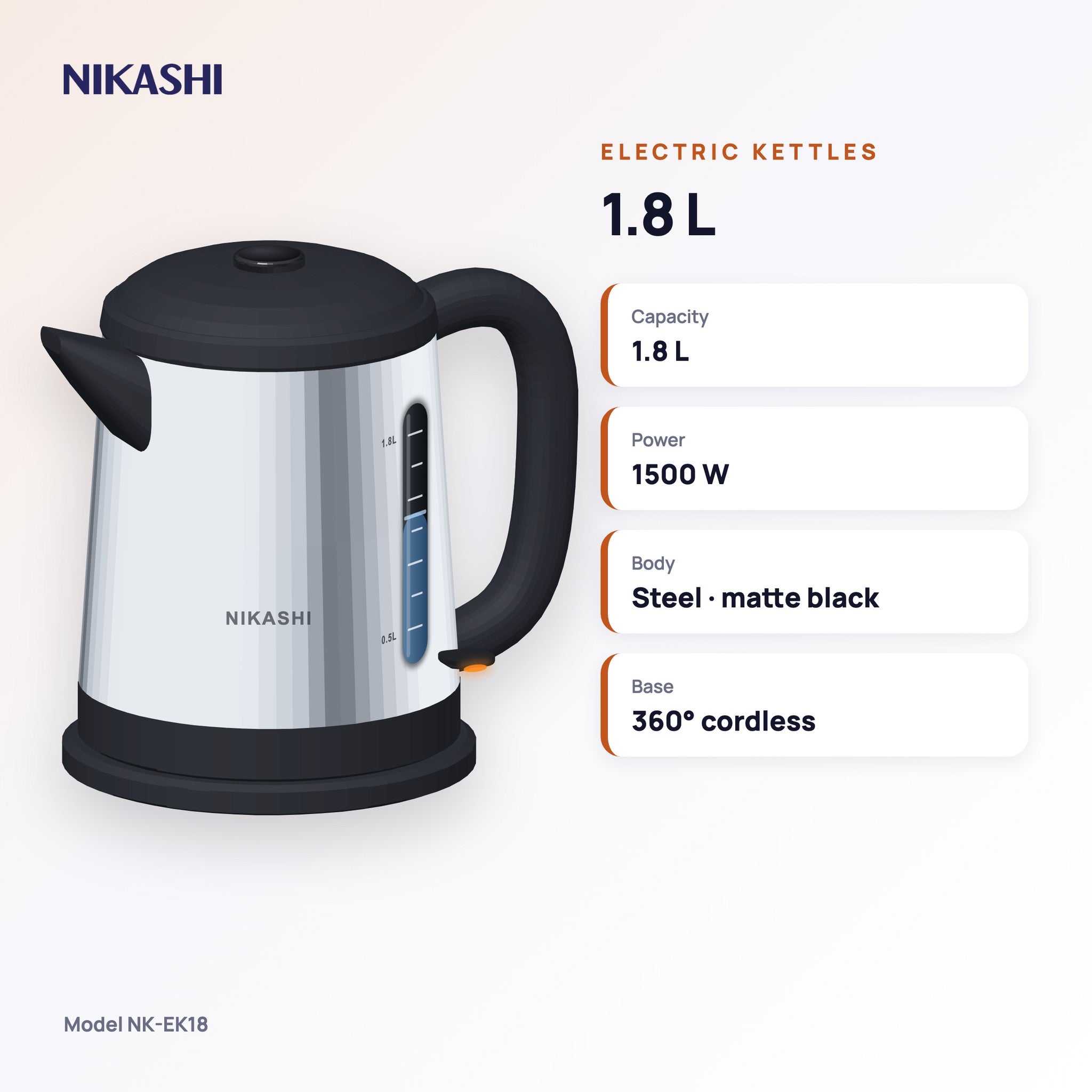 Nikashi 1.8 L Electric Kettle (NK-EK18) key specifications