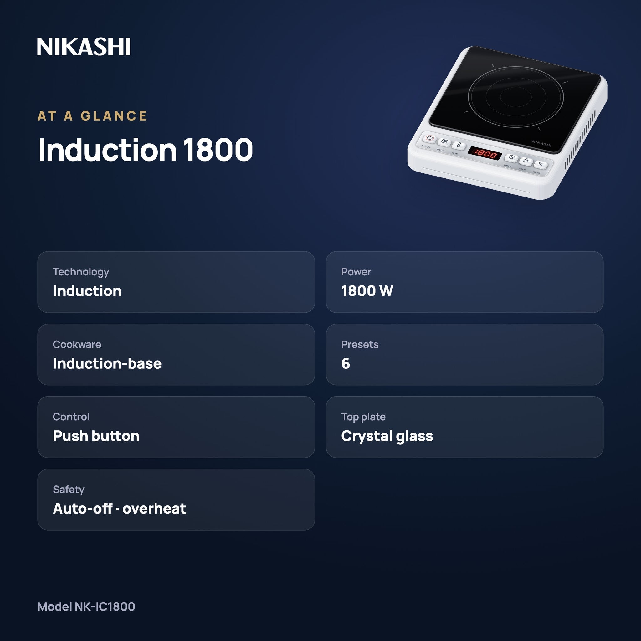 Nikashi Induction 1800 Cooktop (NK-IC1800) at a glance