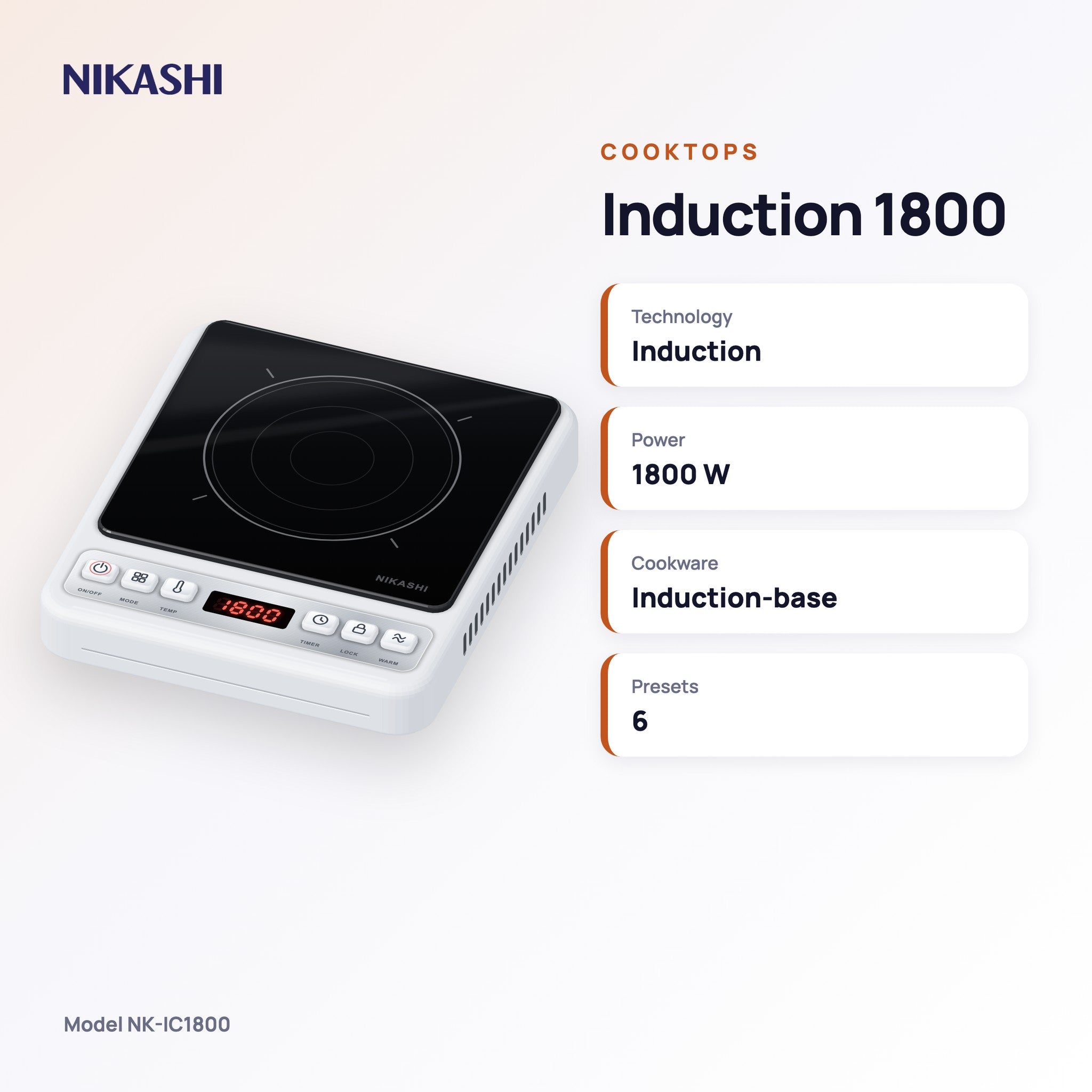 Nikashi Induction 1800 Cooktop (NK-IC1800) key specifications
