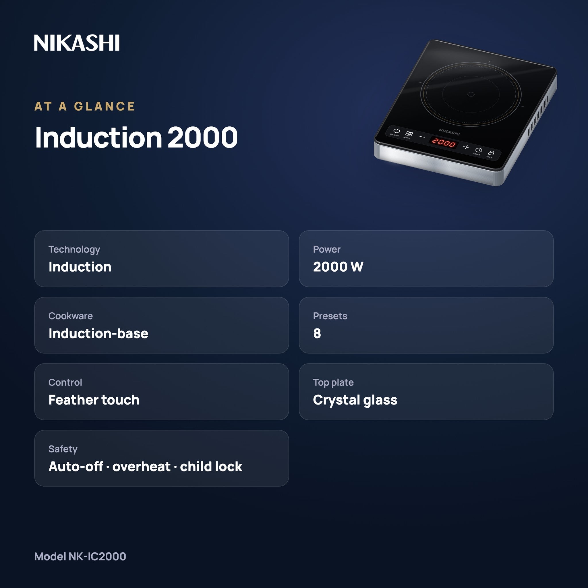 Nikashi Induction 2000 Cooktop (NK-IC2000) at a glance