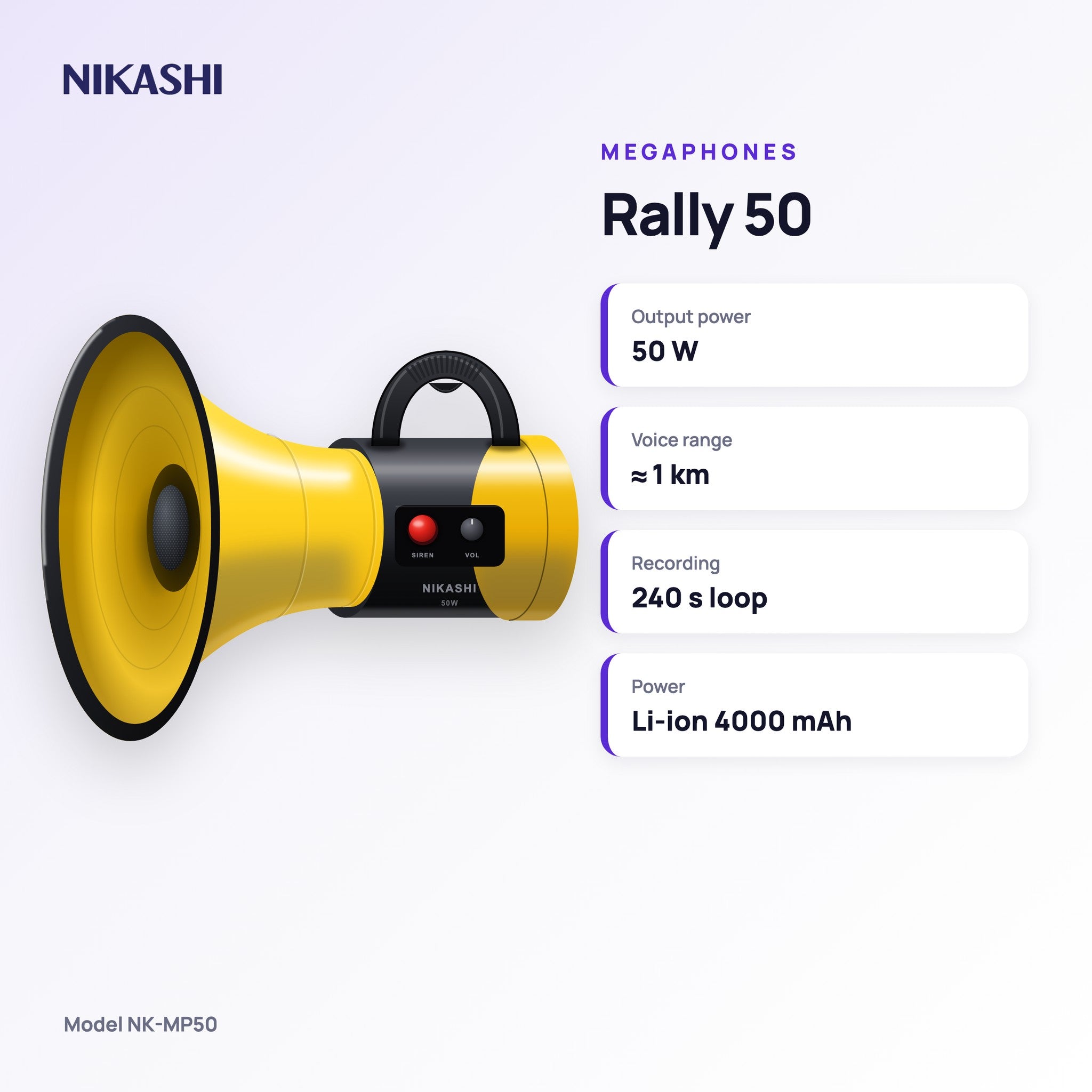Nikashi Rally 50 Megaphone (NK-MP50) key specifications