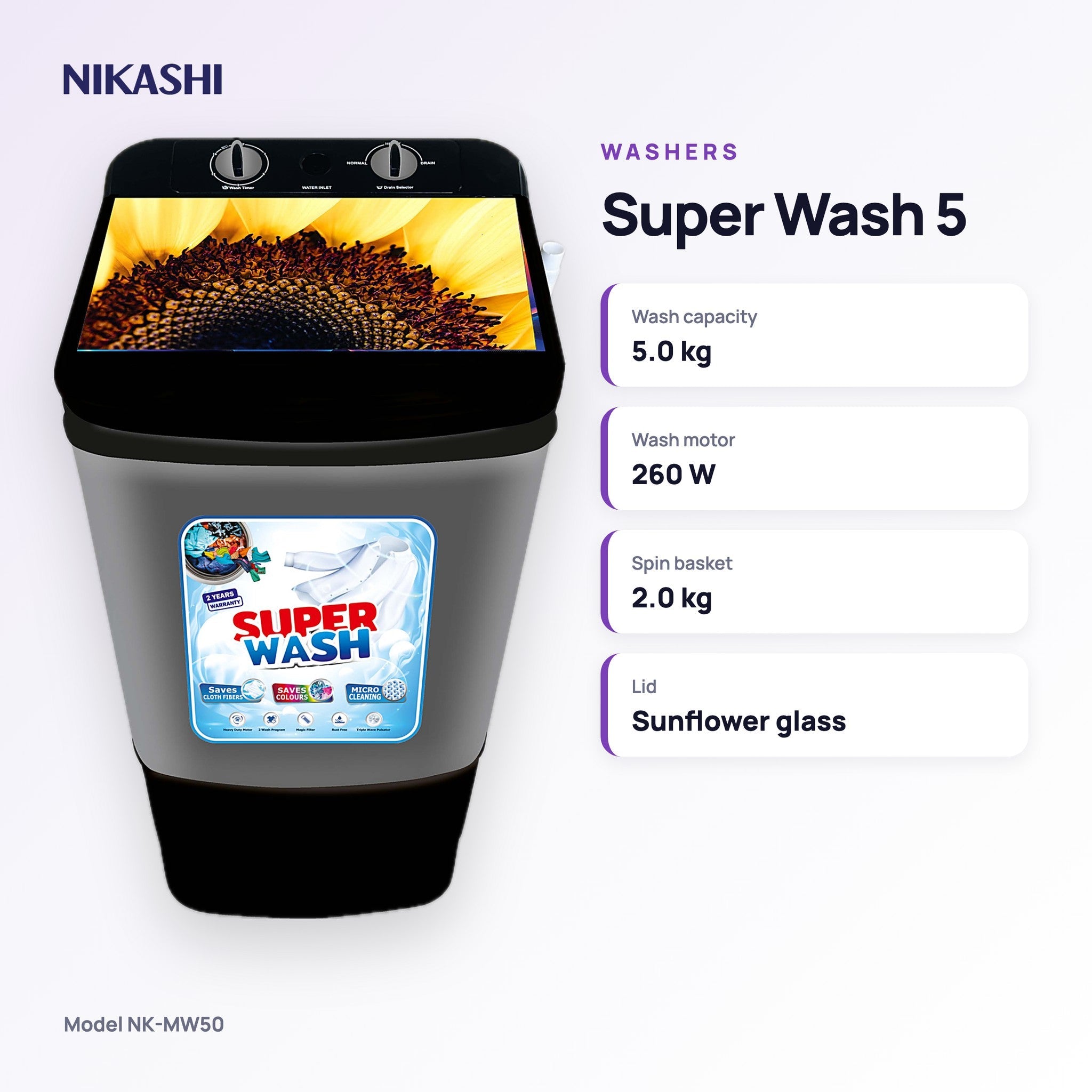 Nikashi Super Wash 5 Single-Tub Washer (NK-MW50) key specifications