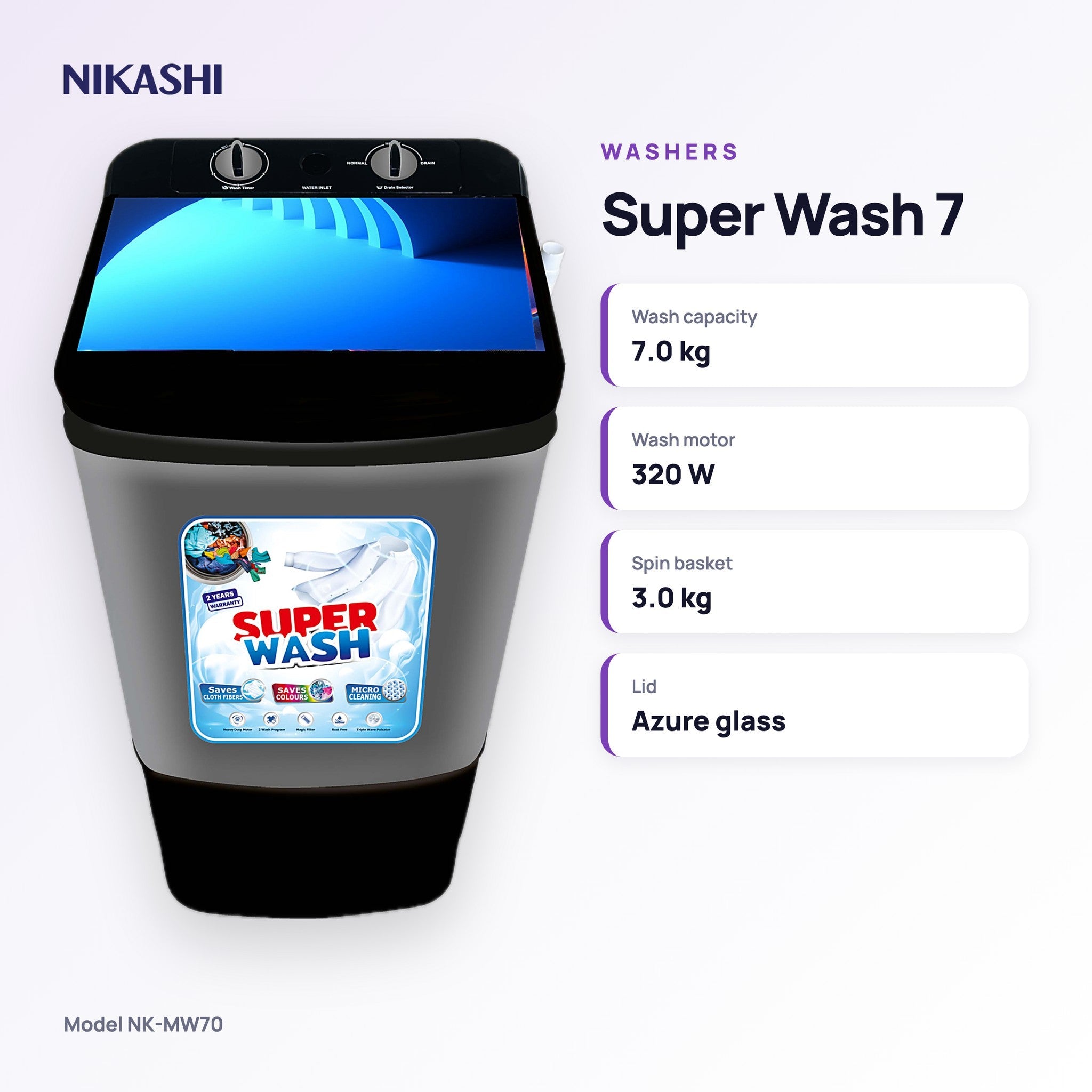 Nikashi Super Wash 7 Single-Tub Washer (NK-MW70) key specifications