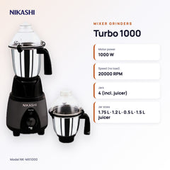 Nikashi Turbo 1000 Mixer Grinder (NK-MX1000) key specifications