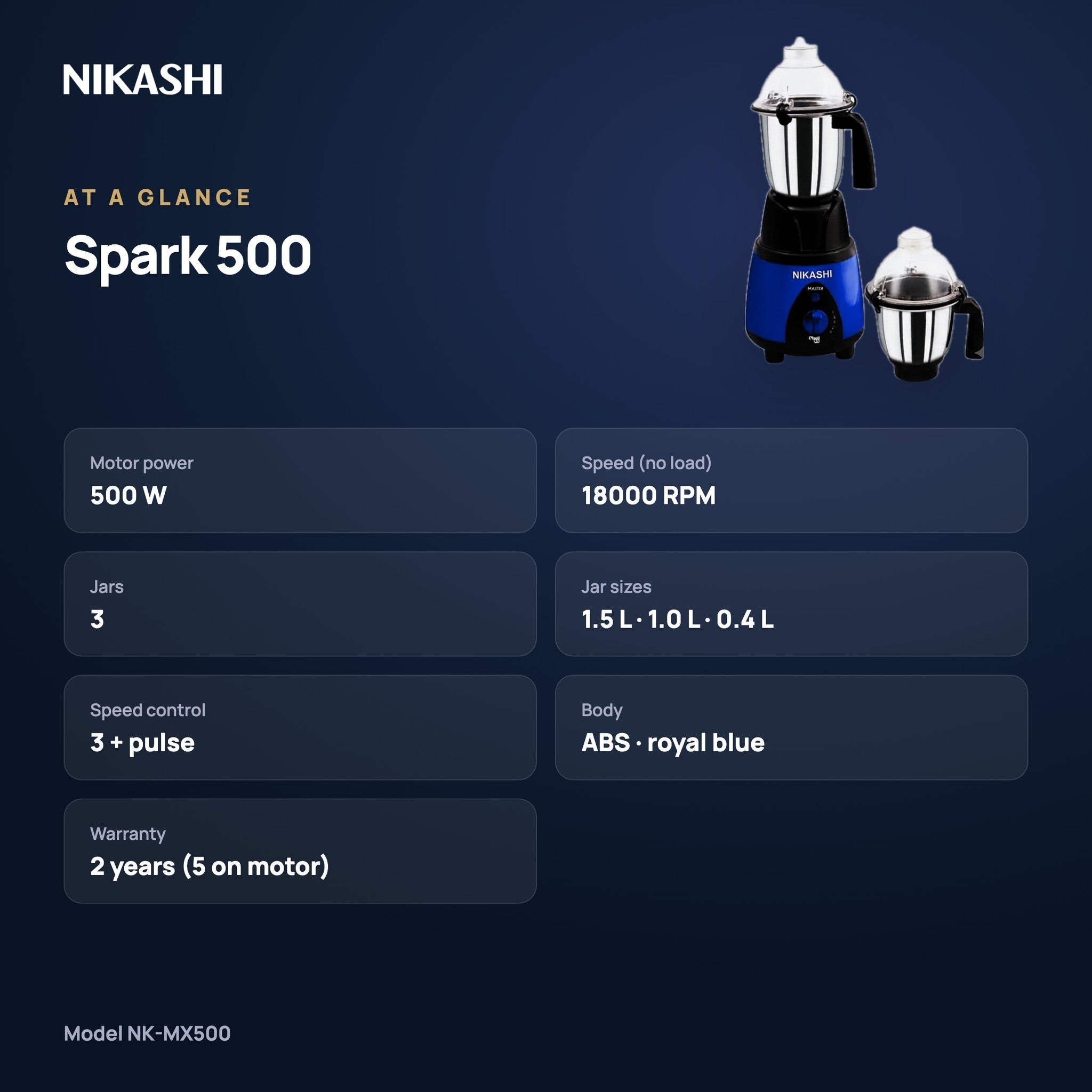 Nikashi Spark 500 Mixer Grinder (NK-MX500) at a glance