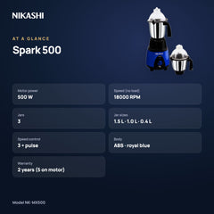 Nikashi Spark 500 Mixer Grinder (NK-MX500) at a glance